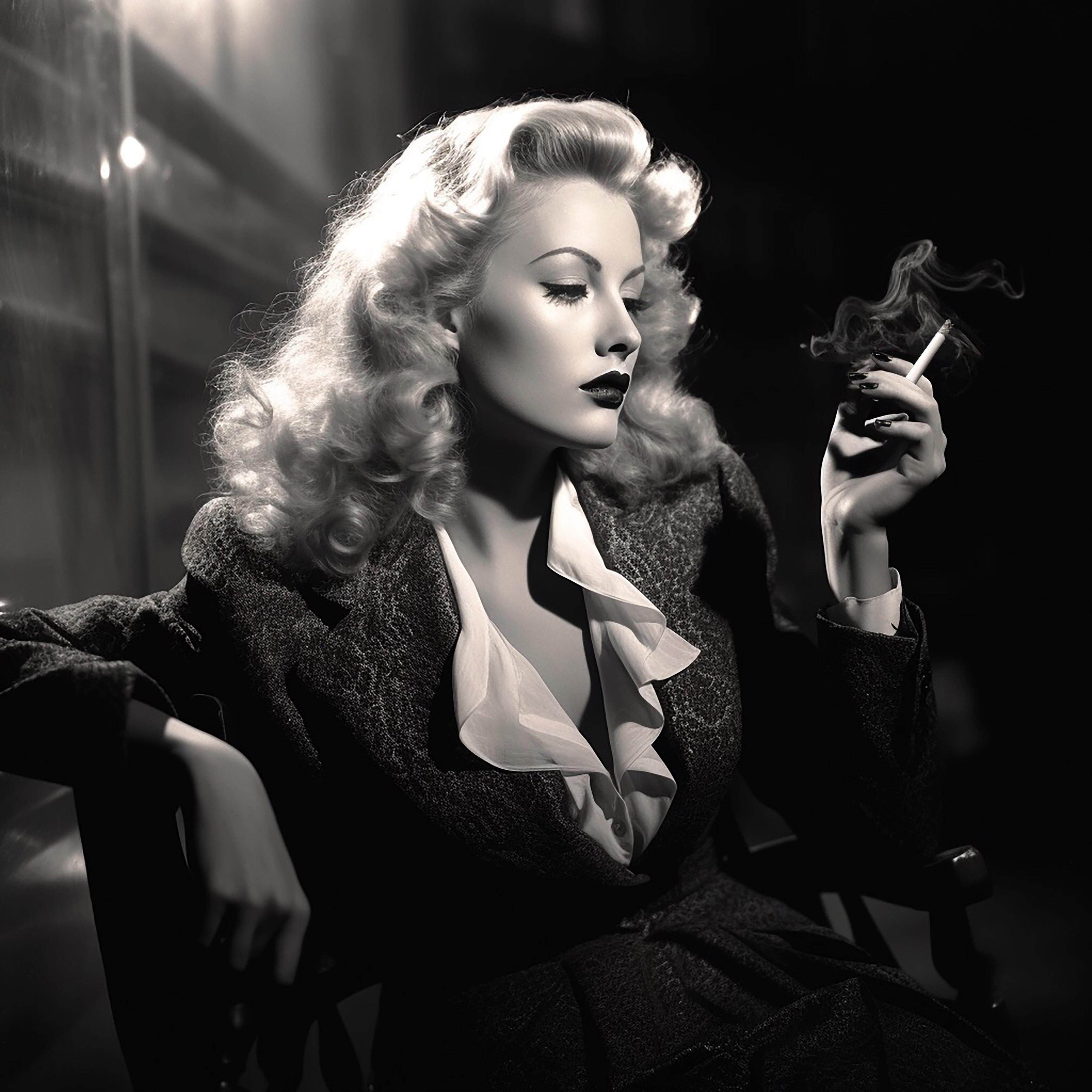 FPA Francis Pavy Artist Black and White Photograph - Taking a Break - Film Noir Blonde smoking a cigarette 12" x12" 