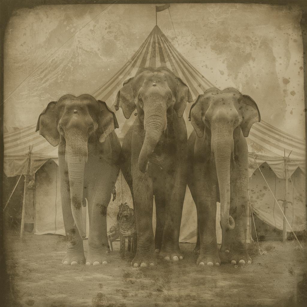 FPA Francis Pavy Artist Figurative Photograph - Three Circus Elephants - exotic daguerreotype reproduction Framed