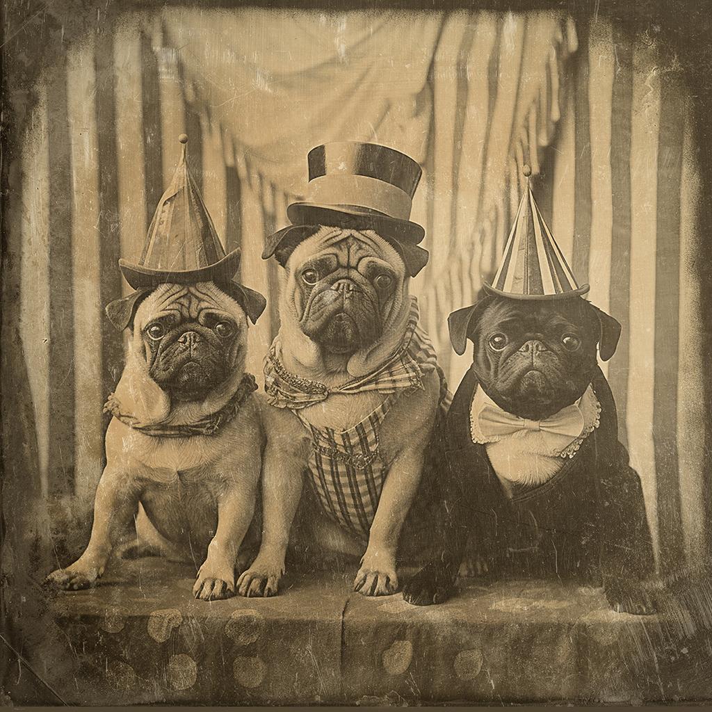 Three Circus Pugs - enchanting exotic daguerreotype reproduction Framed