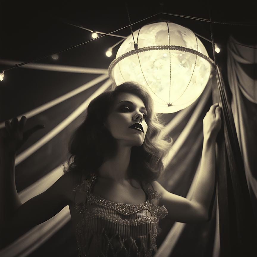 FPA Francis Pavy Artist Figurative Photograph – Frau unter einem Zirkus Zelt, in dem  eine leuchtende Kugel in der Luft           