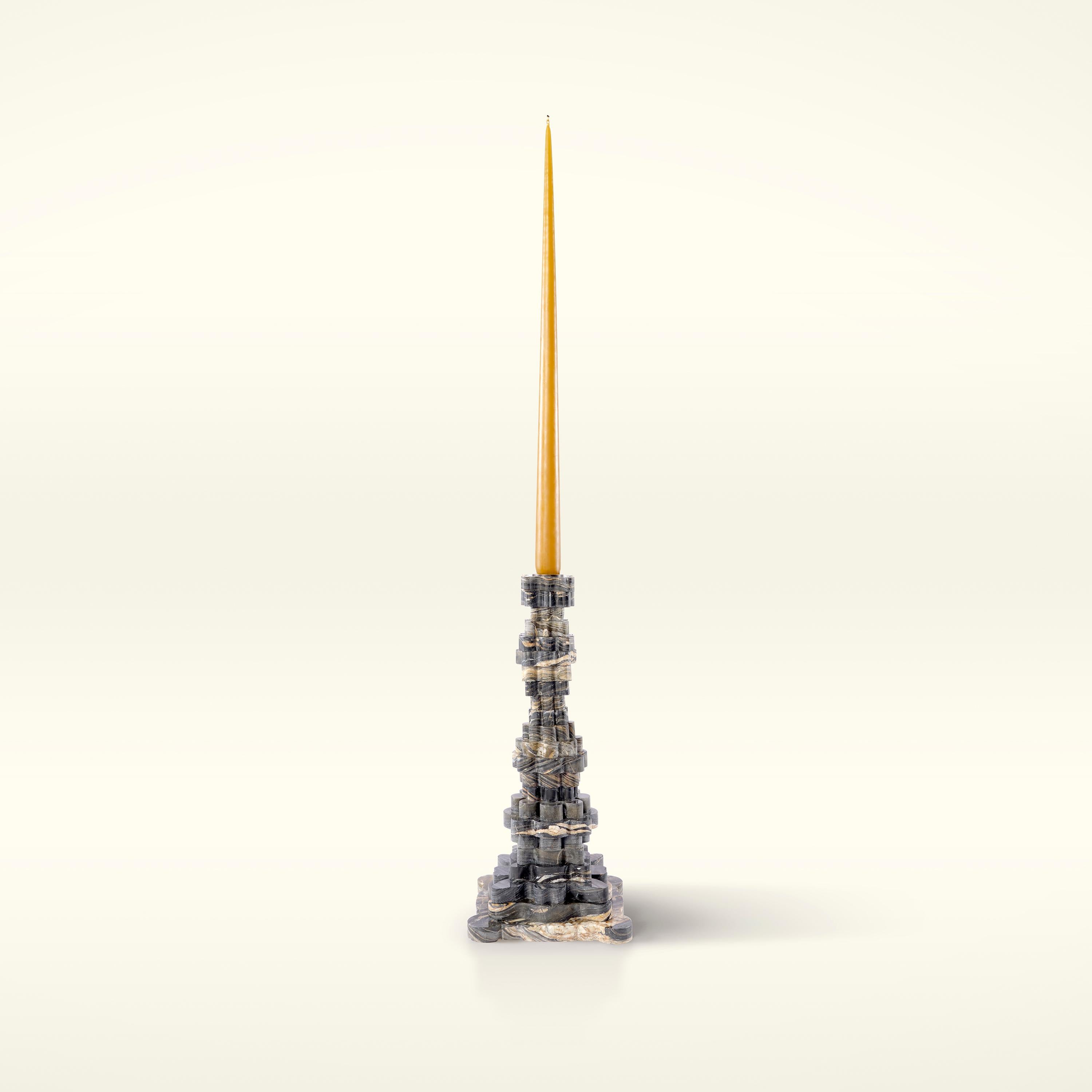 FPTF (From Past to Future) Candle Holder stands out with its distinctive form, crafted from marble and drawing inspiration from themechanics and interior design of a clock, symbolizing the relentless march of time. 