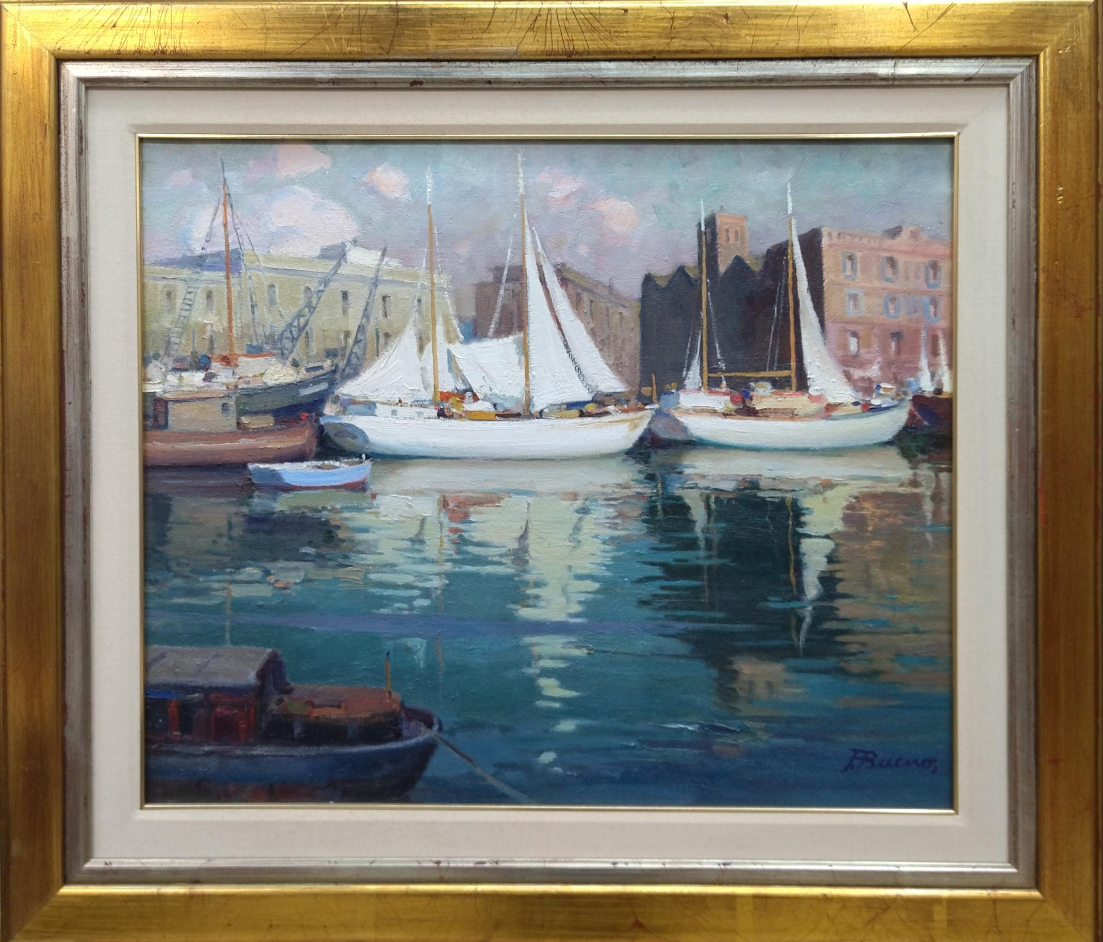 F. Bueno 11 Puerto de Barcelona  original realist  painting - Painting by FR. BUENO