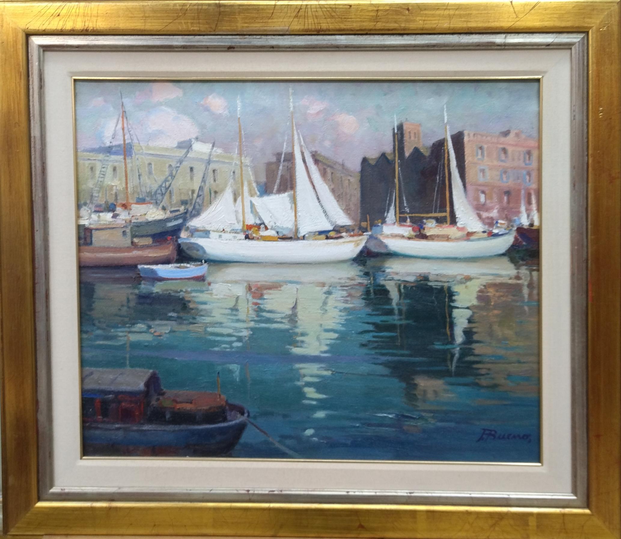 F. Bueno 11 Puerto de Barcelona  original realist  painting - Gray Landscape Painting by FR. BUENO