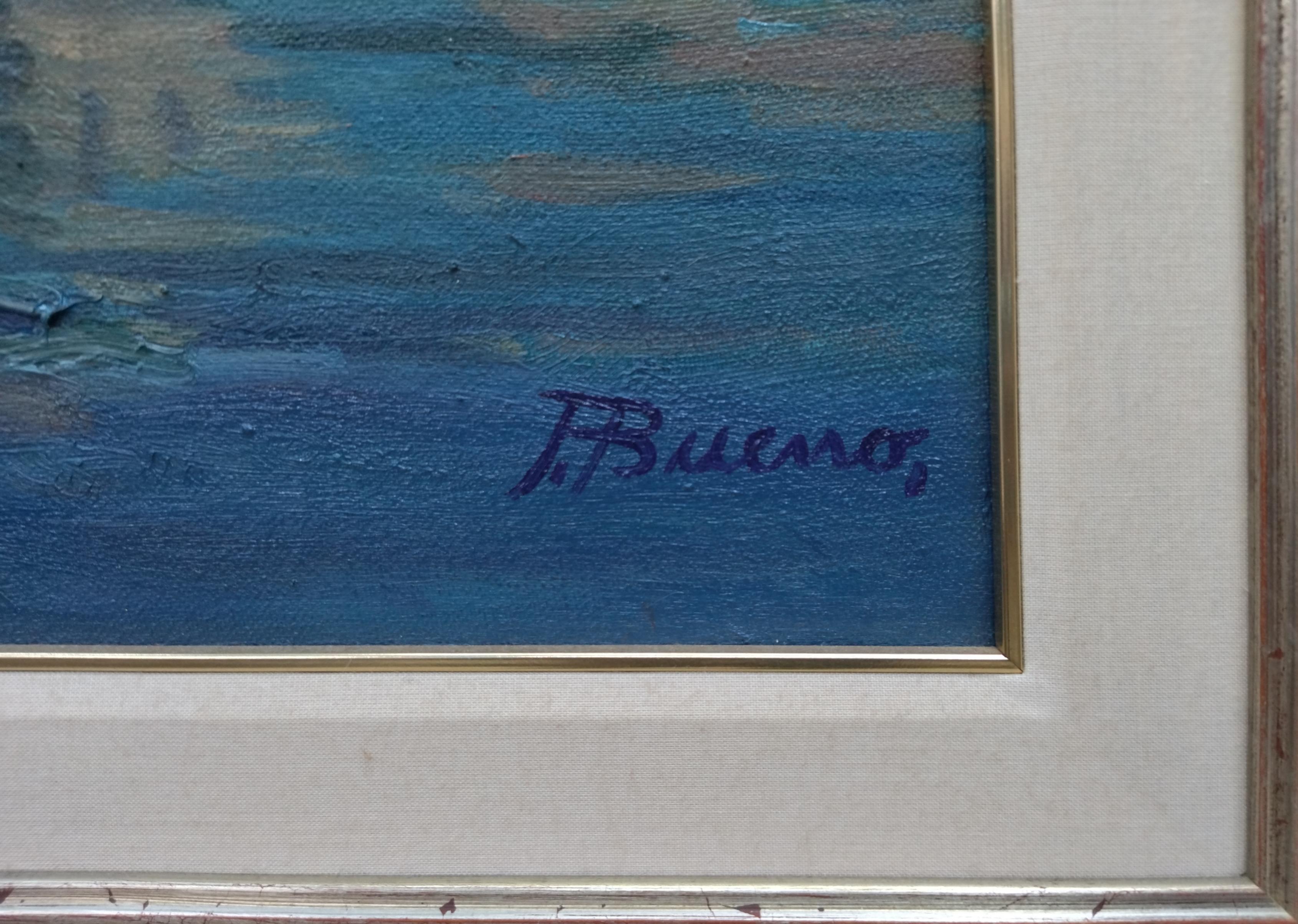 F. Bueno. Puerto de Barcelona original realist  painting
