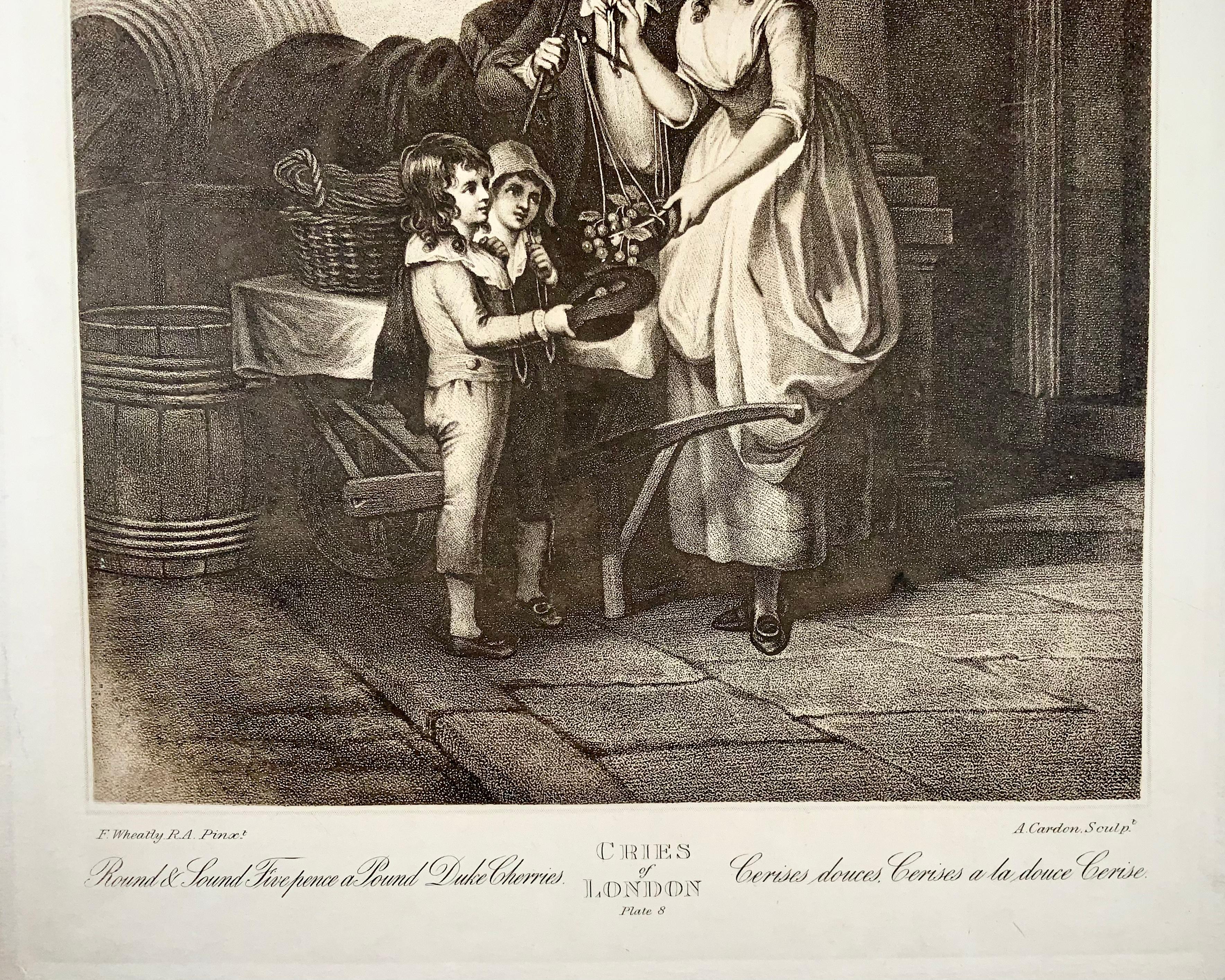 Buriné Fr. Wheatley, Cries of London, vendeur de fruits, grande gravure à motif Folio Stipple en vente