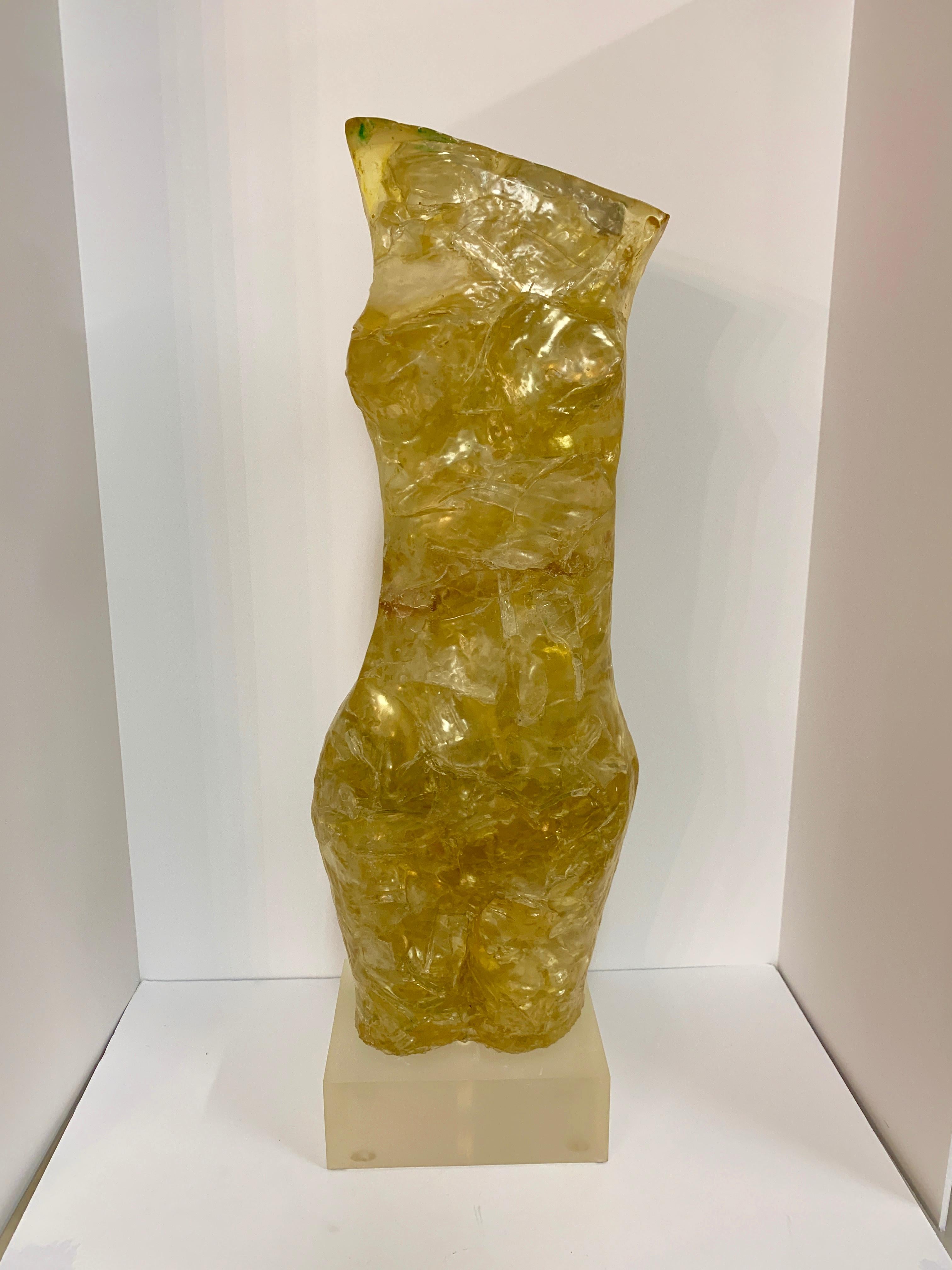 A quite stunning Fractal Resin sculpture of a nude female torso mounted on an acrylic base. The sculpture appears to have glass and other materials in it as well. It is not permanently affixed to the base but sits on a dowel into the base. The sides