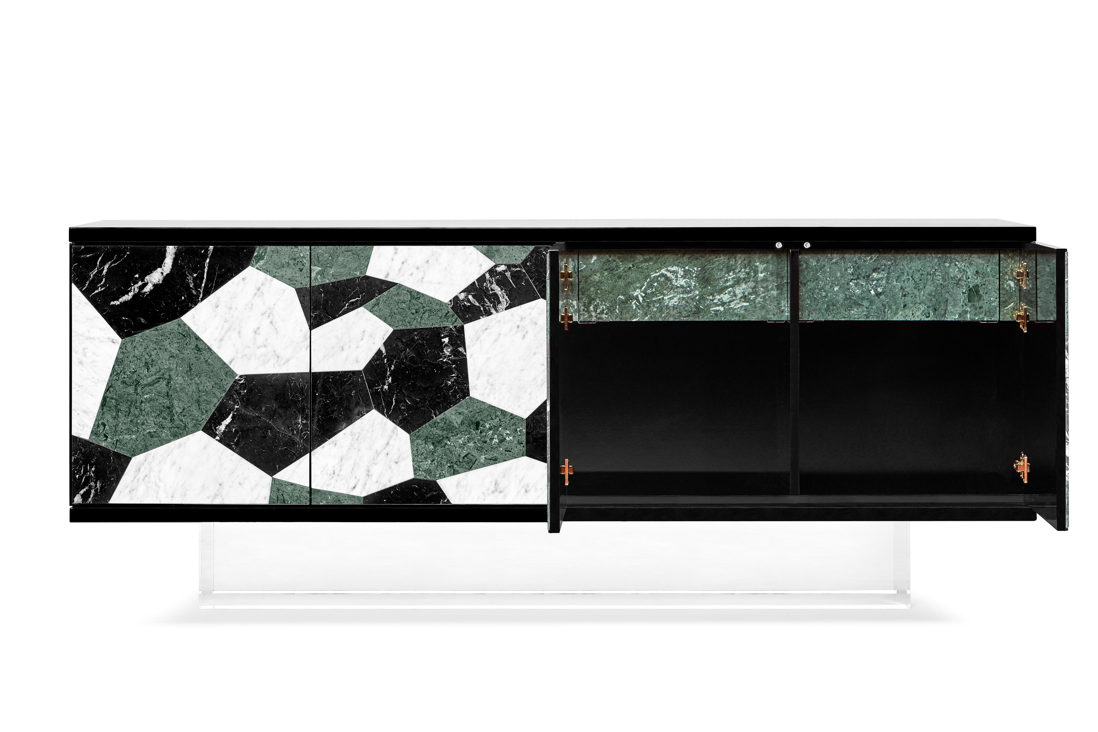 Fractal Sideboard by Ginger & Jagger
Dimensions: D 53 x W 200 x H 81 cm. 
Materials: Marble, lacquer, and acrylic.
Finish: Doors with inlaying in Negro Marquina, Carrara, and Guatemala Green marble in polished finishing; drawer covers in Guatemala