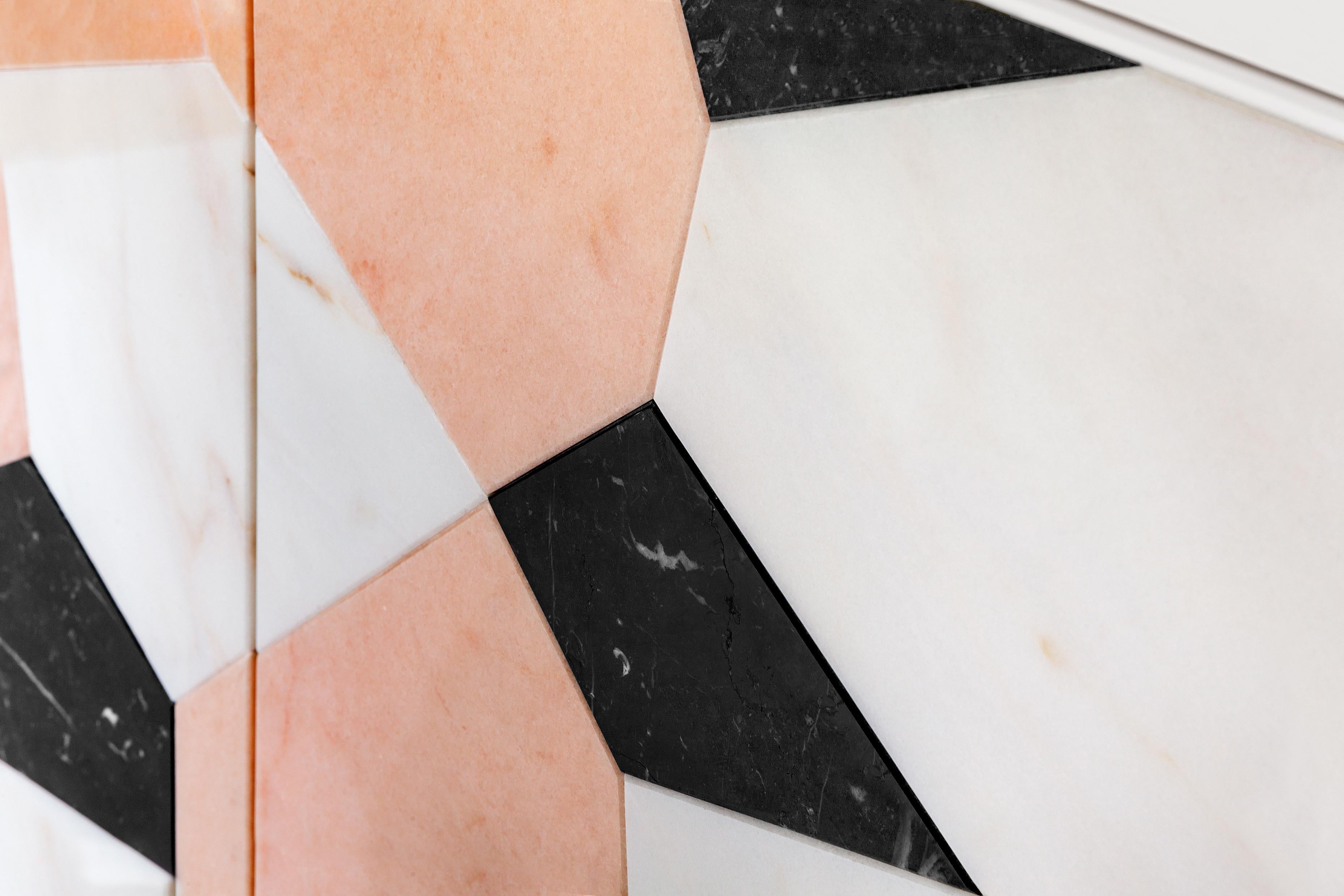 Fractal Sideboard by Ginger & Jagger
Dimensions: D 53 x W 200 x H 81 cm. 
Materials: Marble, lacquer, and acrylic.
Finish: Doors with inlaying in Negro Marquina, Estremoz, and Estremoz Rose marble in polished finishing; drawer covers in Estremoz