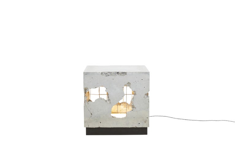Minimalist Fractured Cast-Concrete Illuminated Minimal End Table 