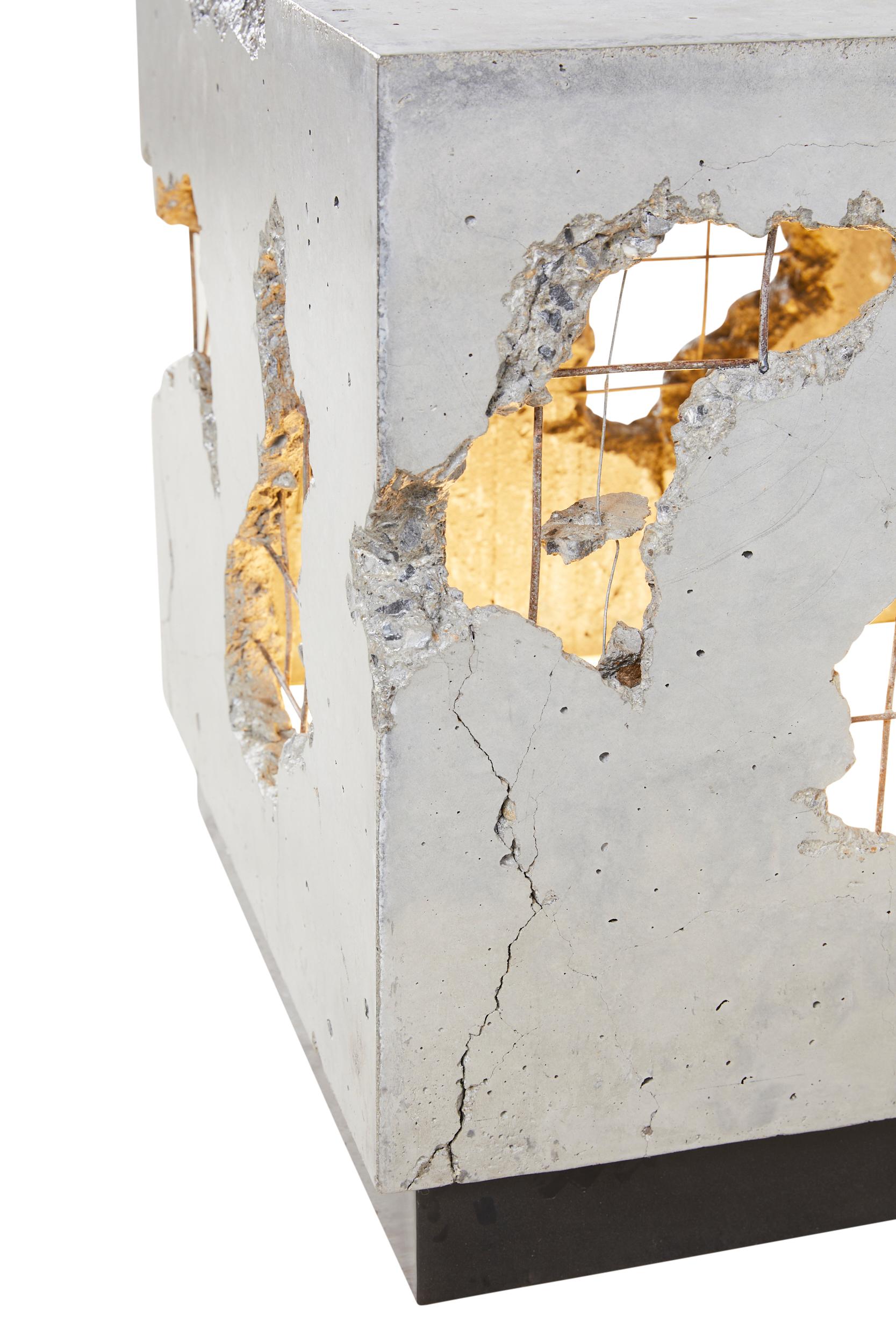 Blackened Fractured Cast-Concrete Illuminated Minimal End Table 