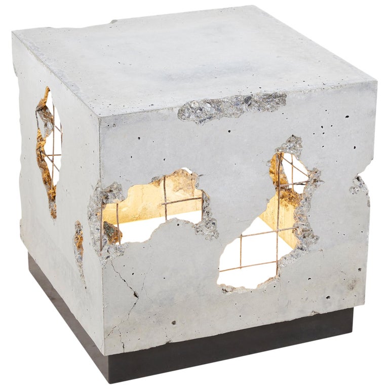 Fractured Cast-Concrete Illuminated Minimal End Table "Cracked Side Table" For Sale