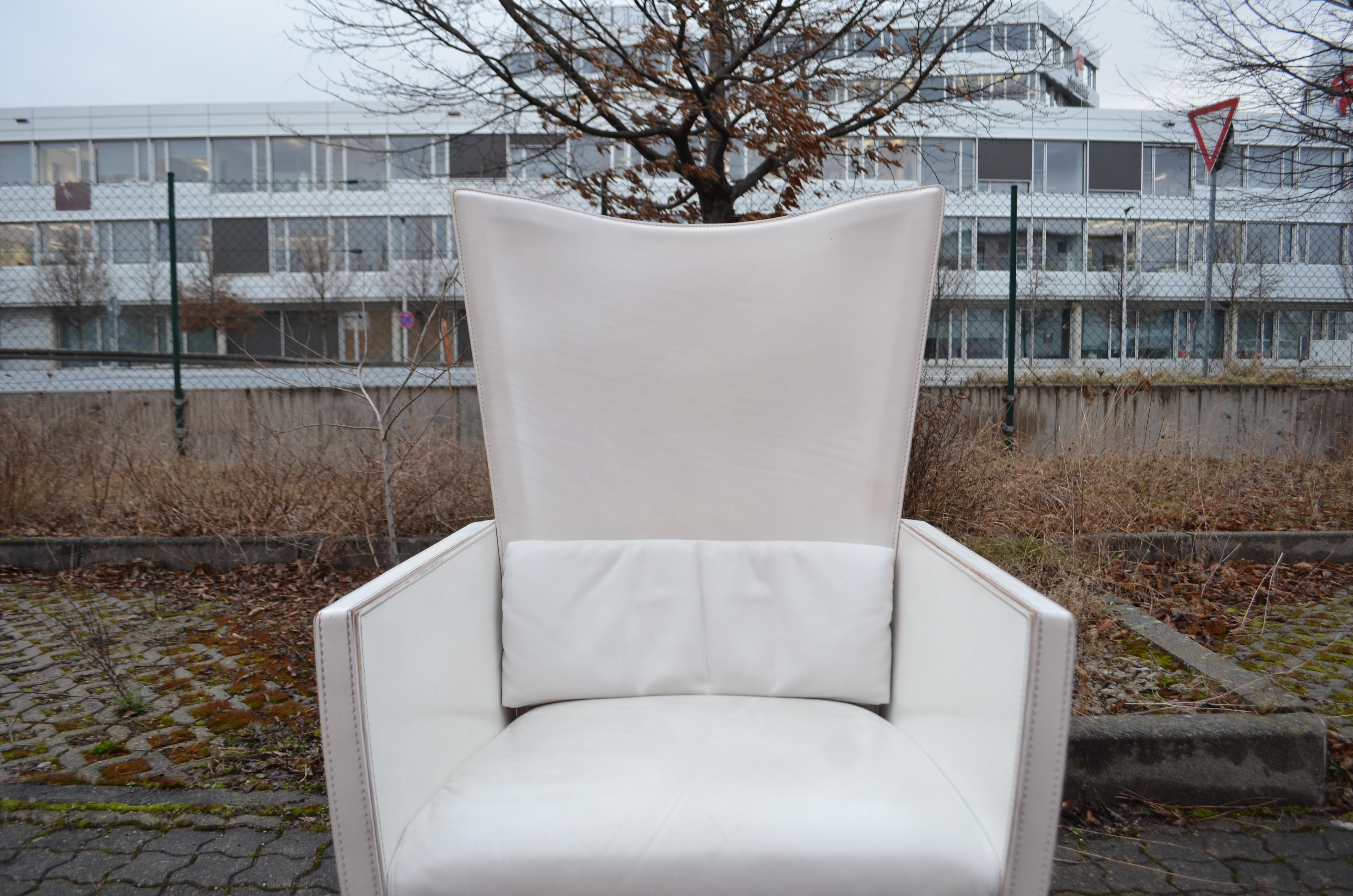 Late 20th Century Frag Italy Modern Wingback Wing Chair White Saddle Leather For Sale
