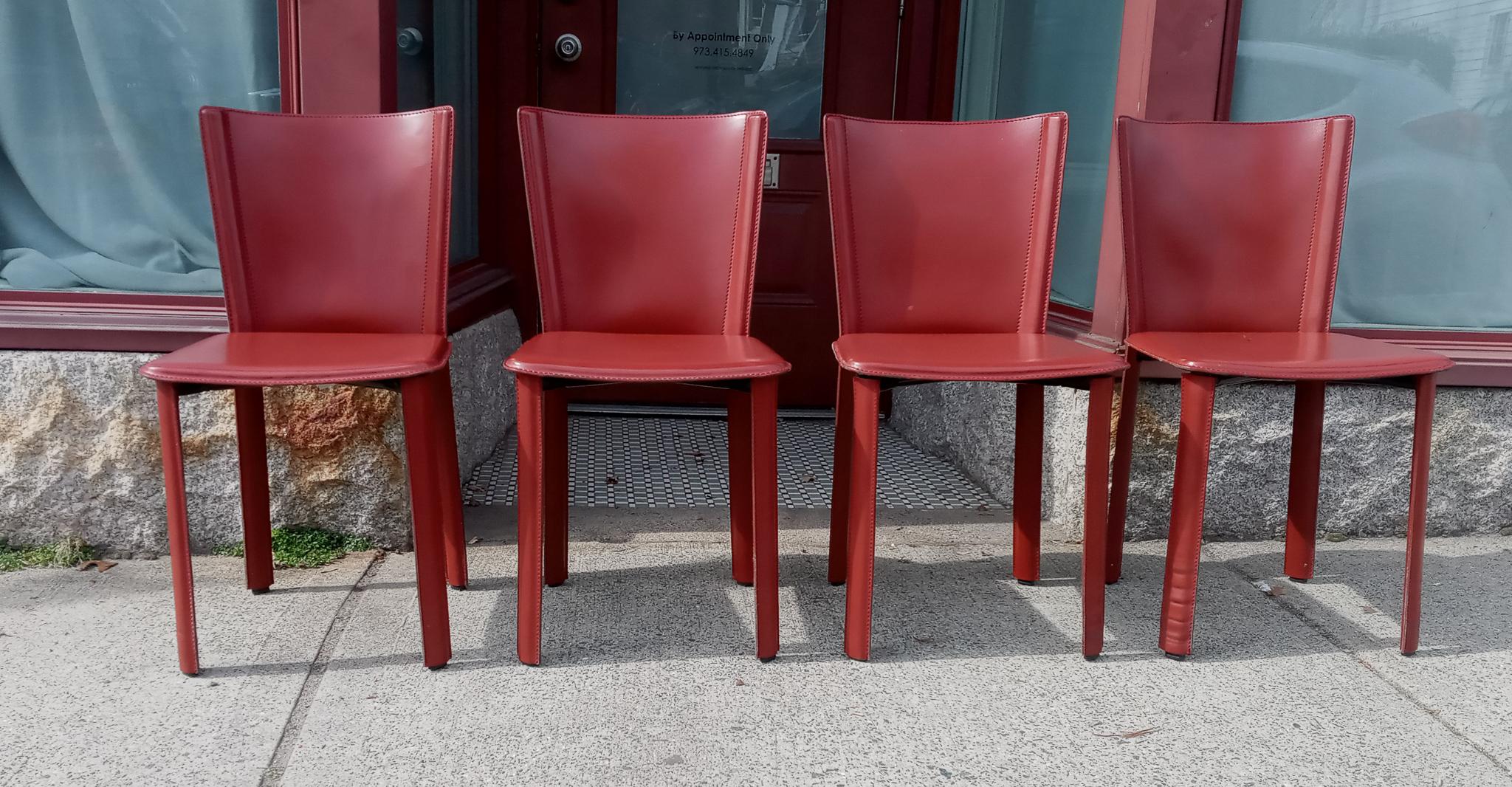 Frag Italy Set of Four '4' Stitched Leather Side Chairs Style of Mario Bellini 1