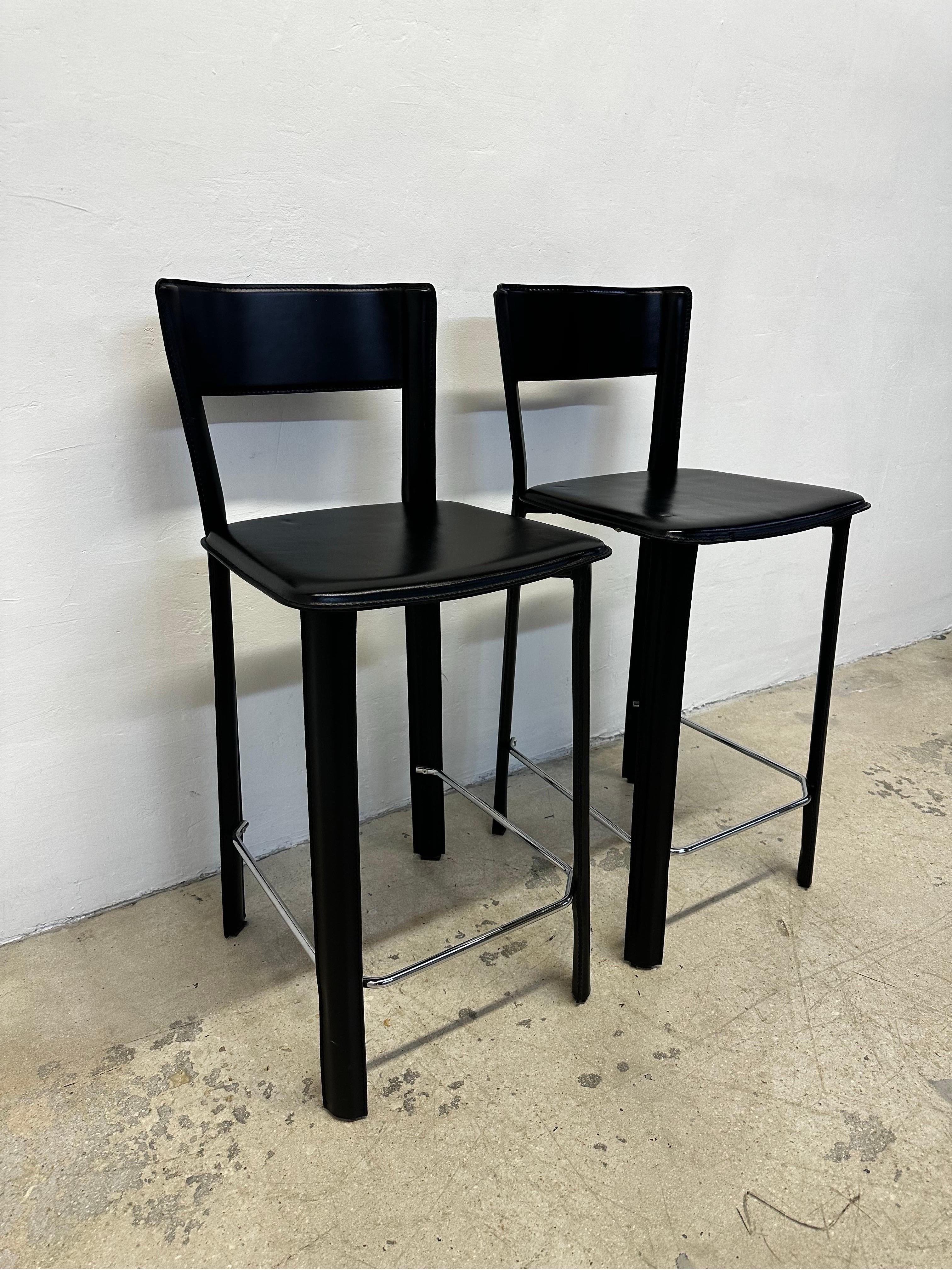 Modern Frag Italy Stitched Black Leather Counter Stools - a Pair