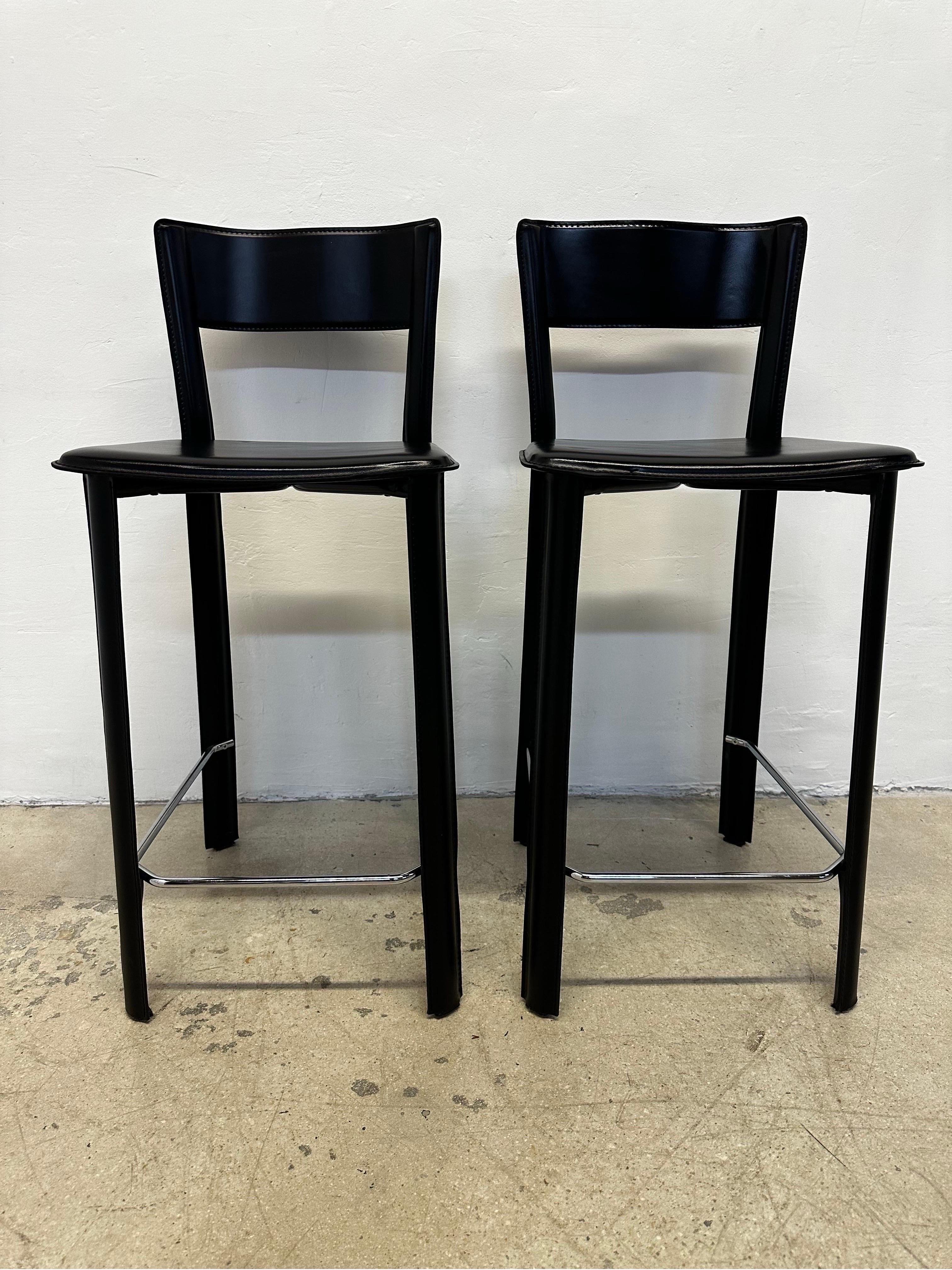Frag Italy Stitched Black Leather Counter Stools - a Pair In Good Condition In Miami, FL