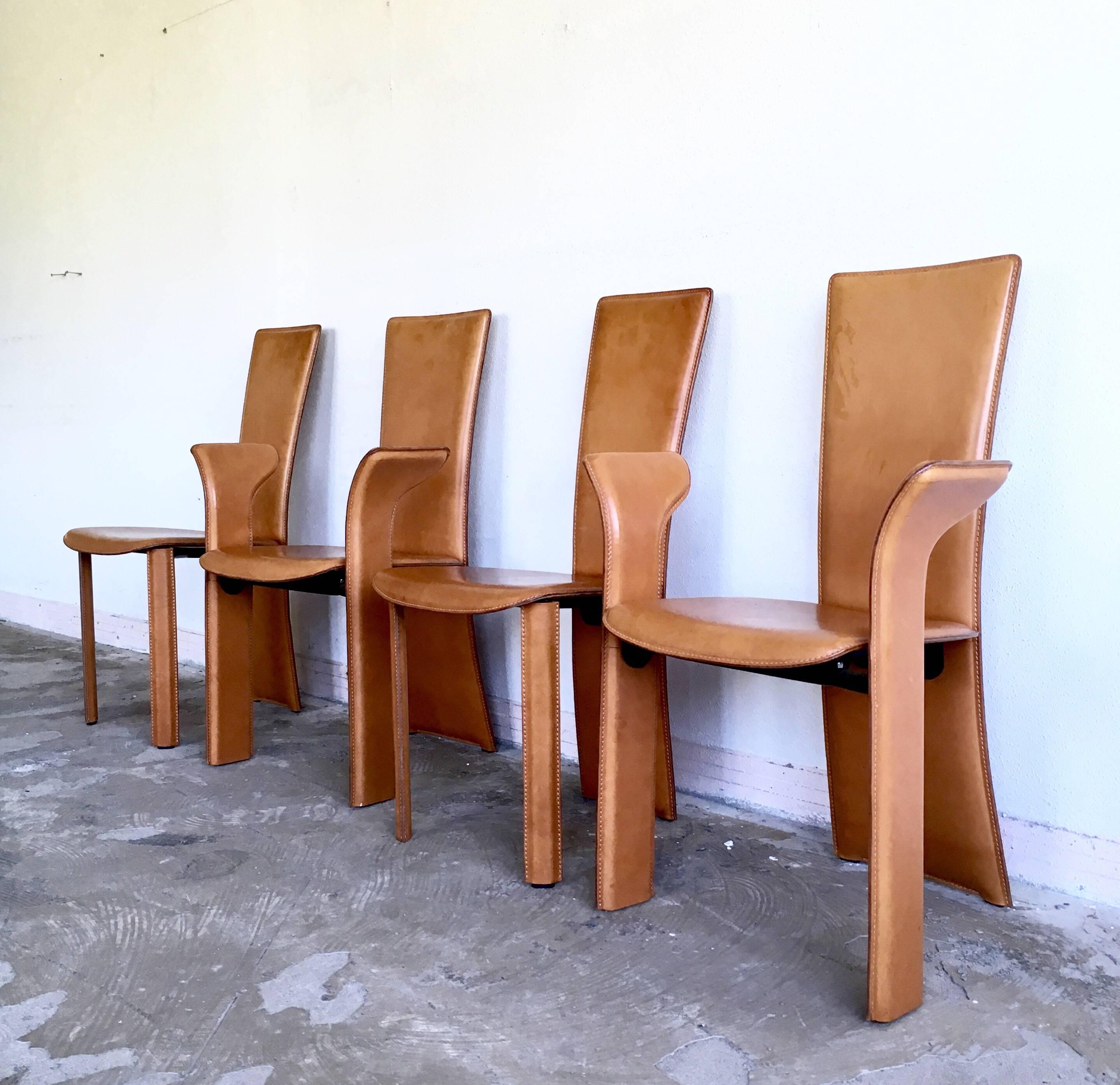 Modern Frag, Set of Four Cognac Colored Leather Dining Chairs, circa 1980s