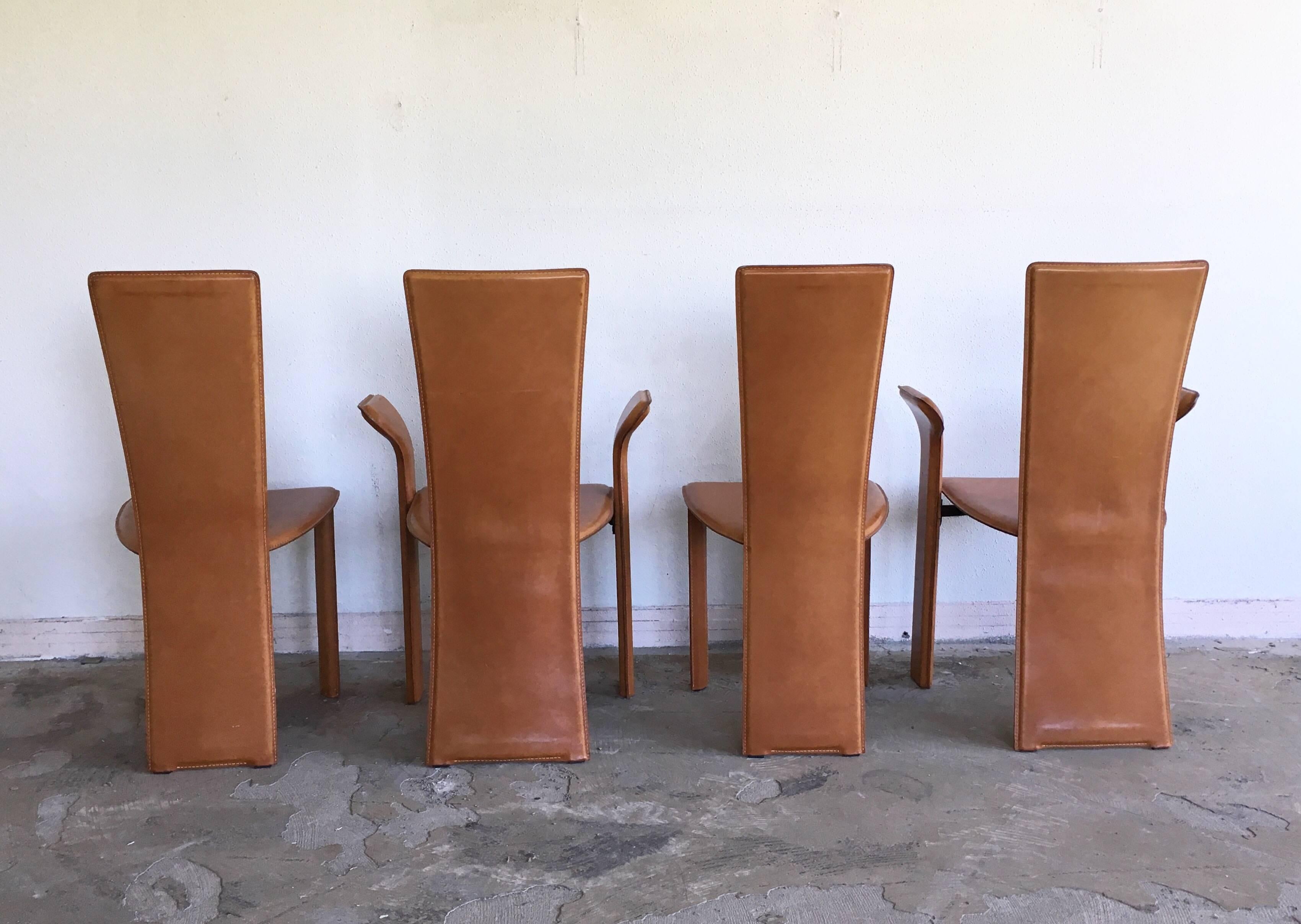 Italian Frag, Set of Four Cognac Colored Leather Dining Chairs, circa 1980s