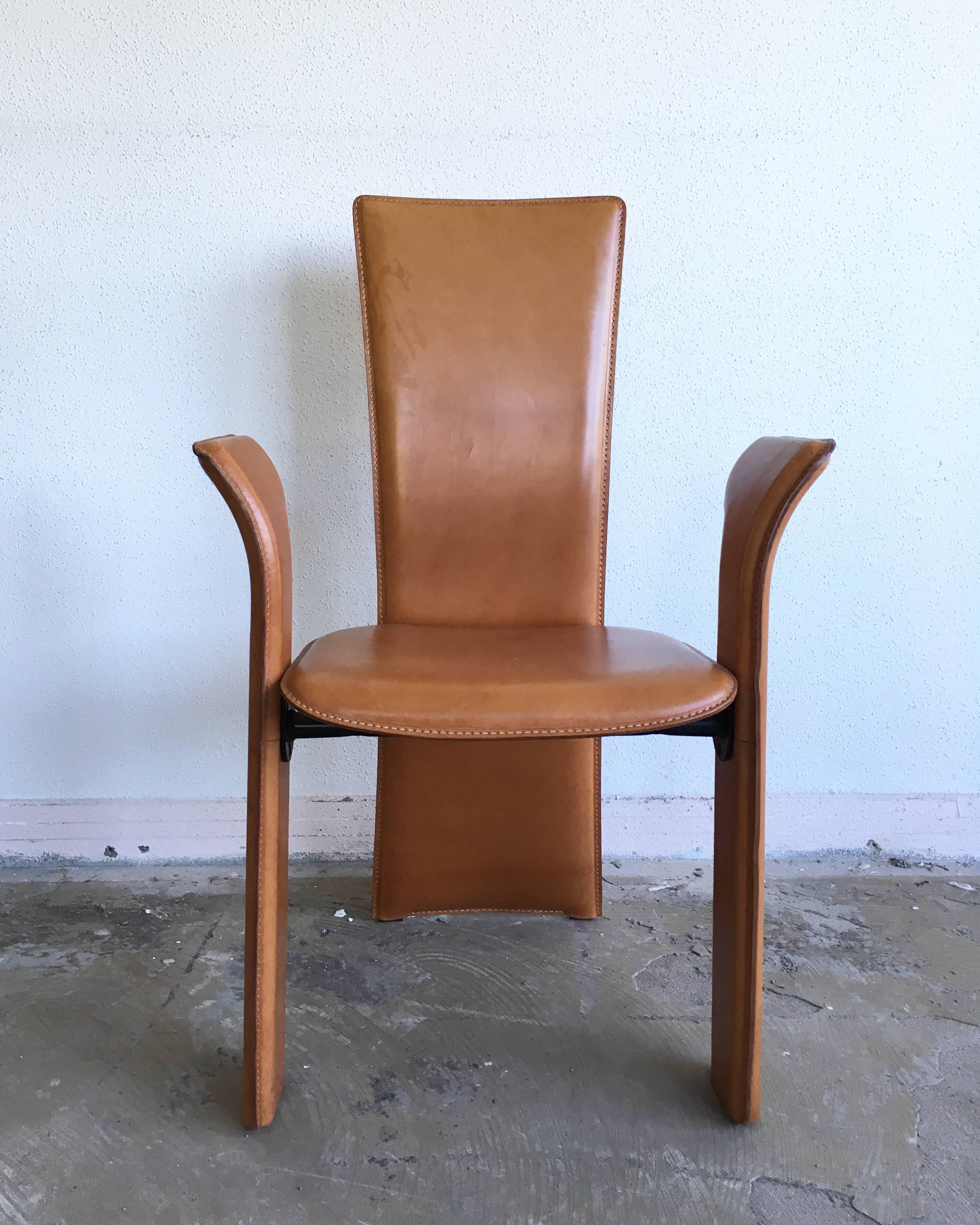 Frag, Set of Four Cognac Colored Leather Dining Chairs, circa 1980s In Good Condition In Schagen, NL