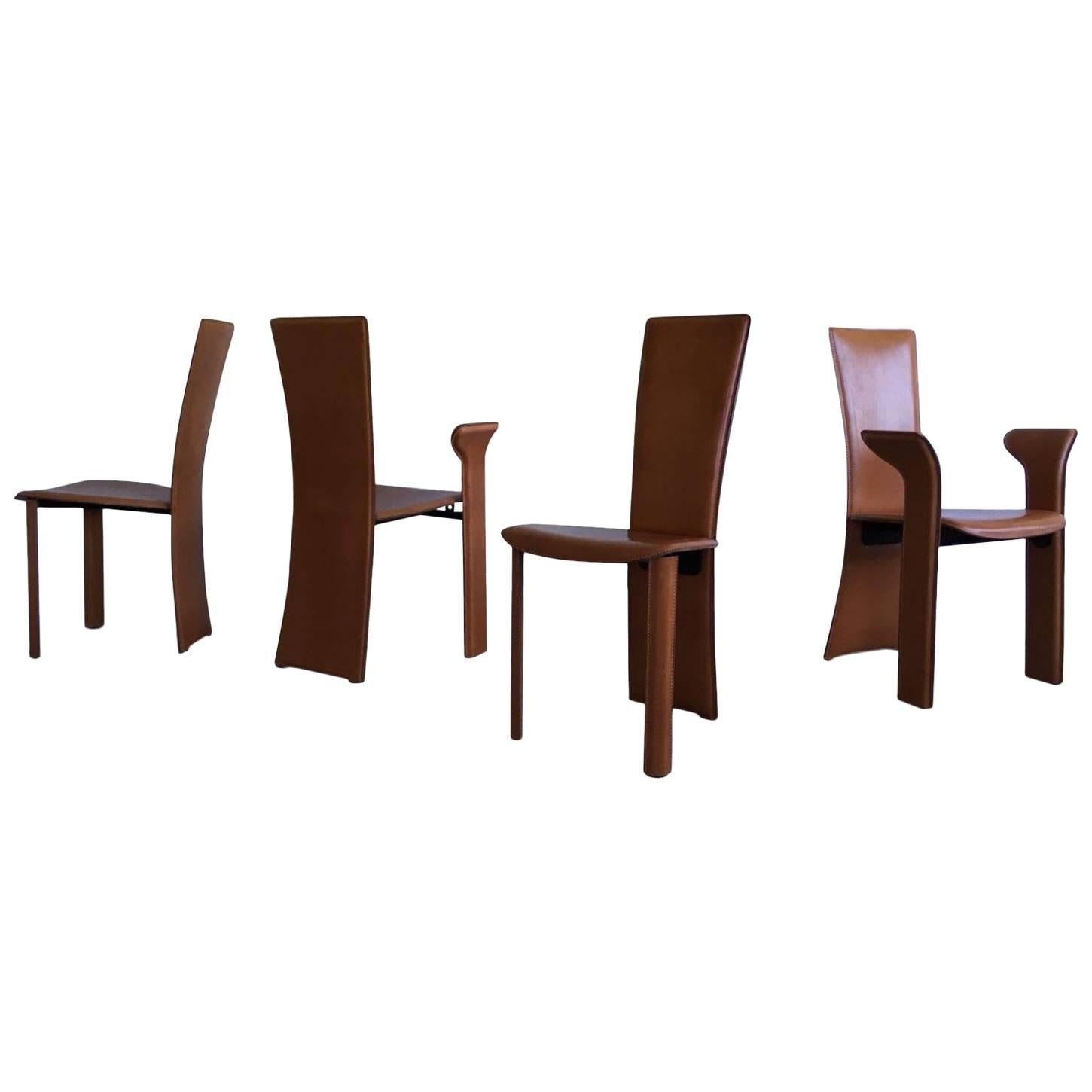 Frag, Set of Four Cognac Colored Leather Dining Chairs, circa 1980s