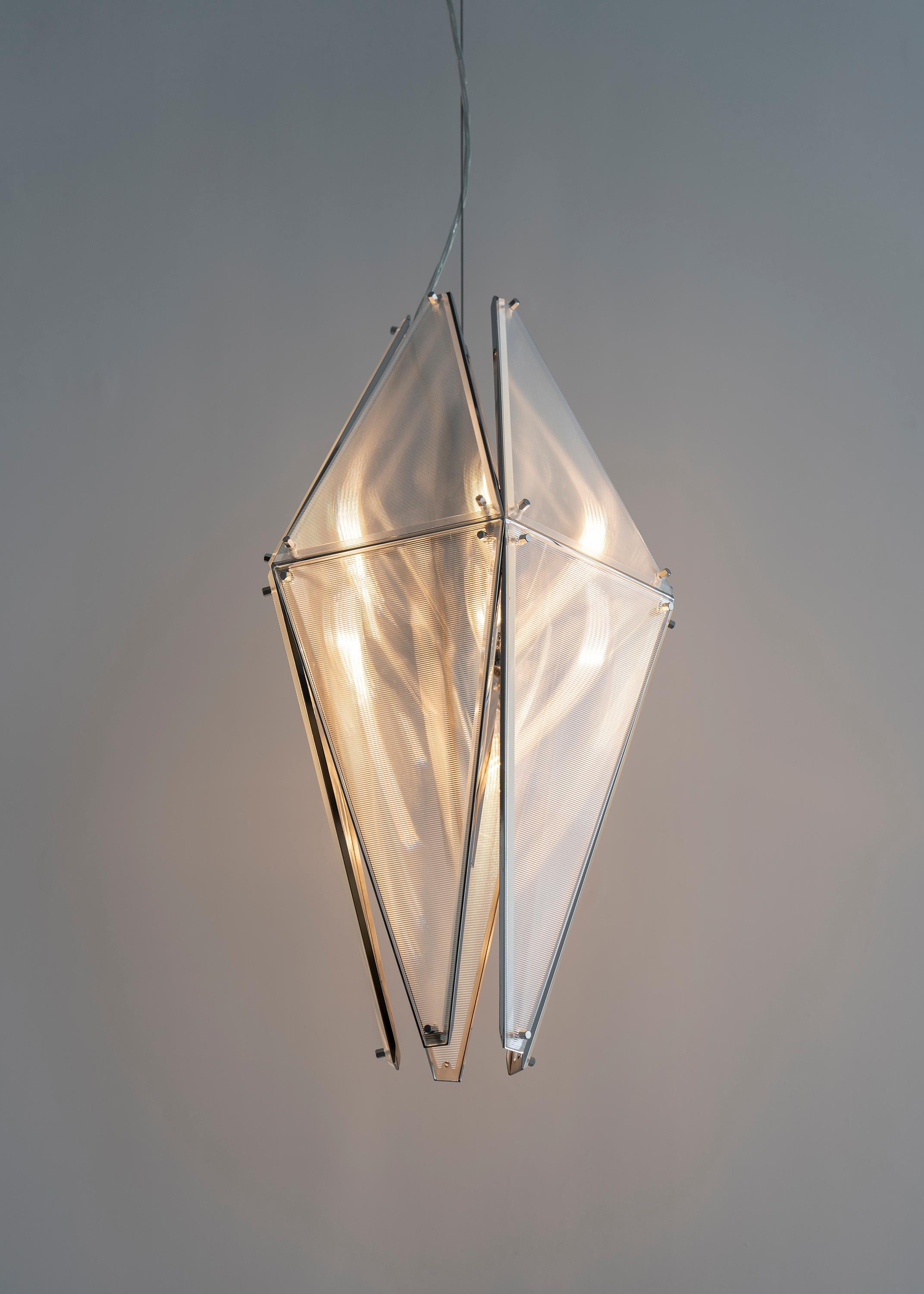 Fragment 08 pendant light by Sing Chan 
Dimensions: D 35.5 x H 70.5 cm
Materials: Stainless steel, glass.

All our lamps can be wired according to each country. If sold to the USA it will be wired for the USA for instance.

The past and the future