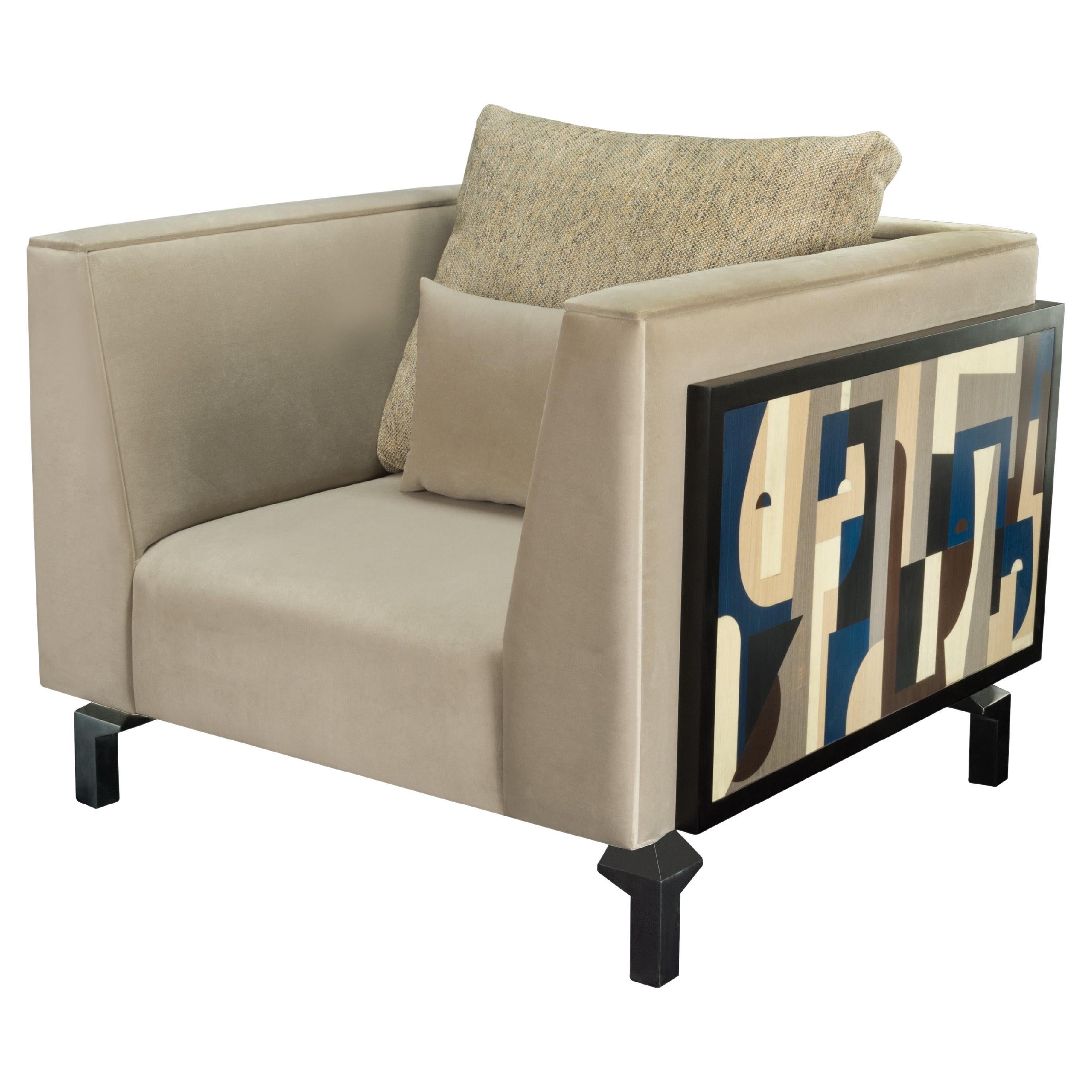 Fauteuil-Fragment –  Schwarz lackiertes Holz, mehrfarbige Furniere und Samtstoff im Angebot
