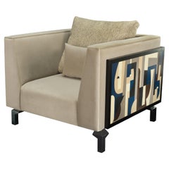 Fragment Fauteuil -  Black Lacquered Wood, Multicolor Veneers And Velvet Fabric