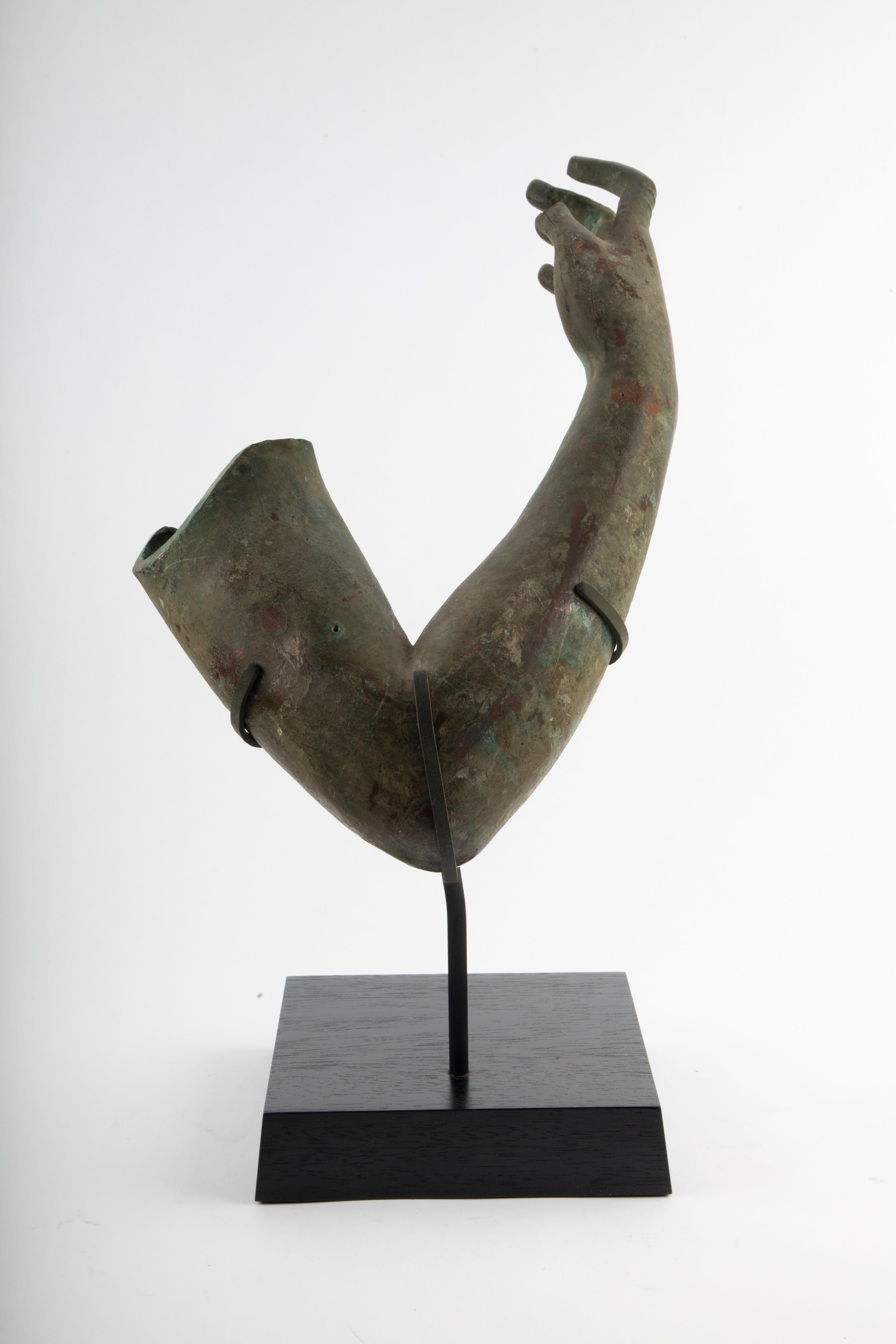 Grand Tour Fragment of a Bronze Arm: Mounted Green-Patinated Bronze Sculpture For Sale