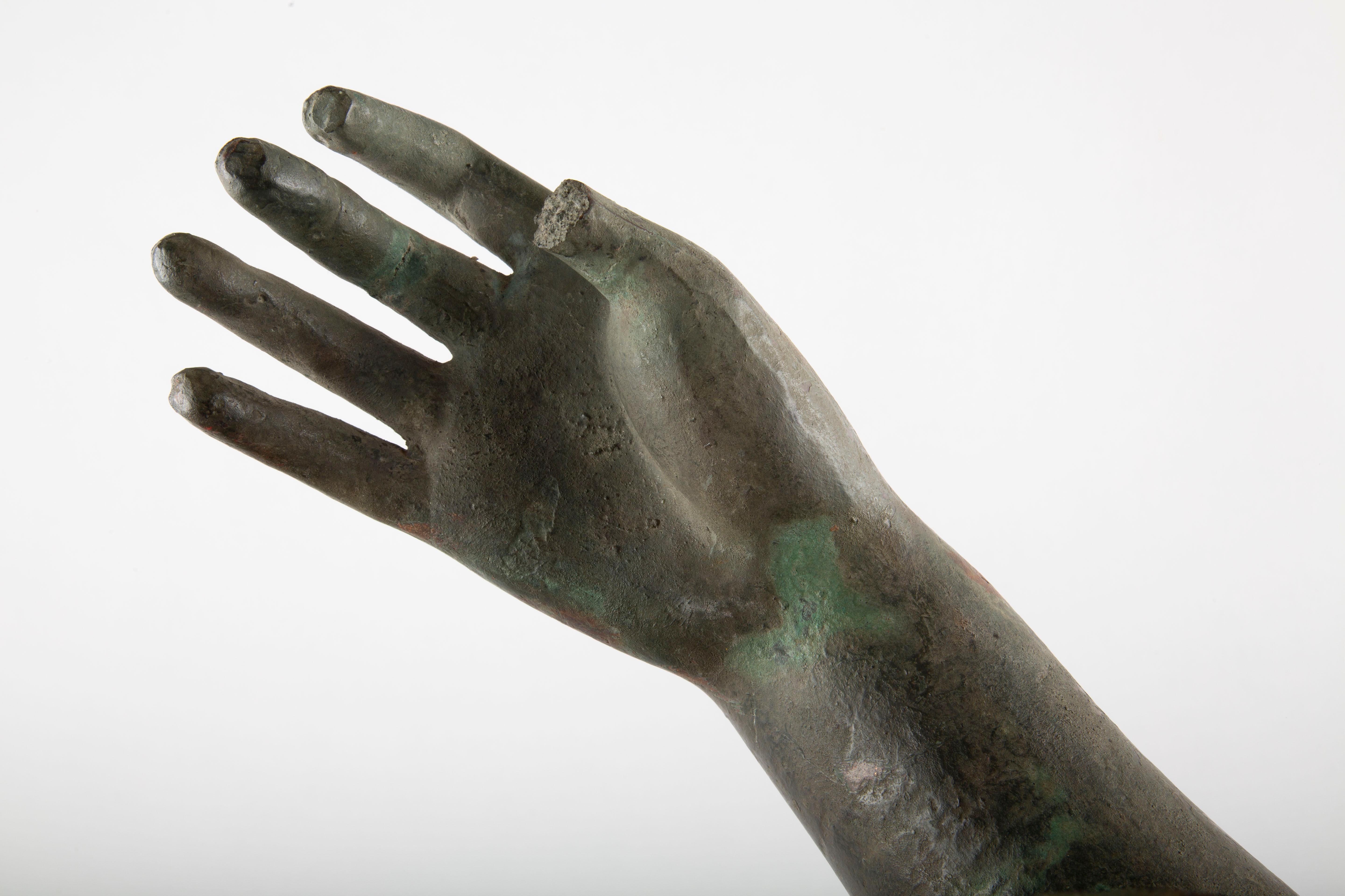 20th Century Fragment of a Bronze Arm: Mounted Green-Patinated Bronze Sculpture For Sale