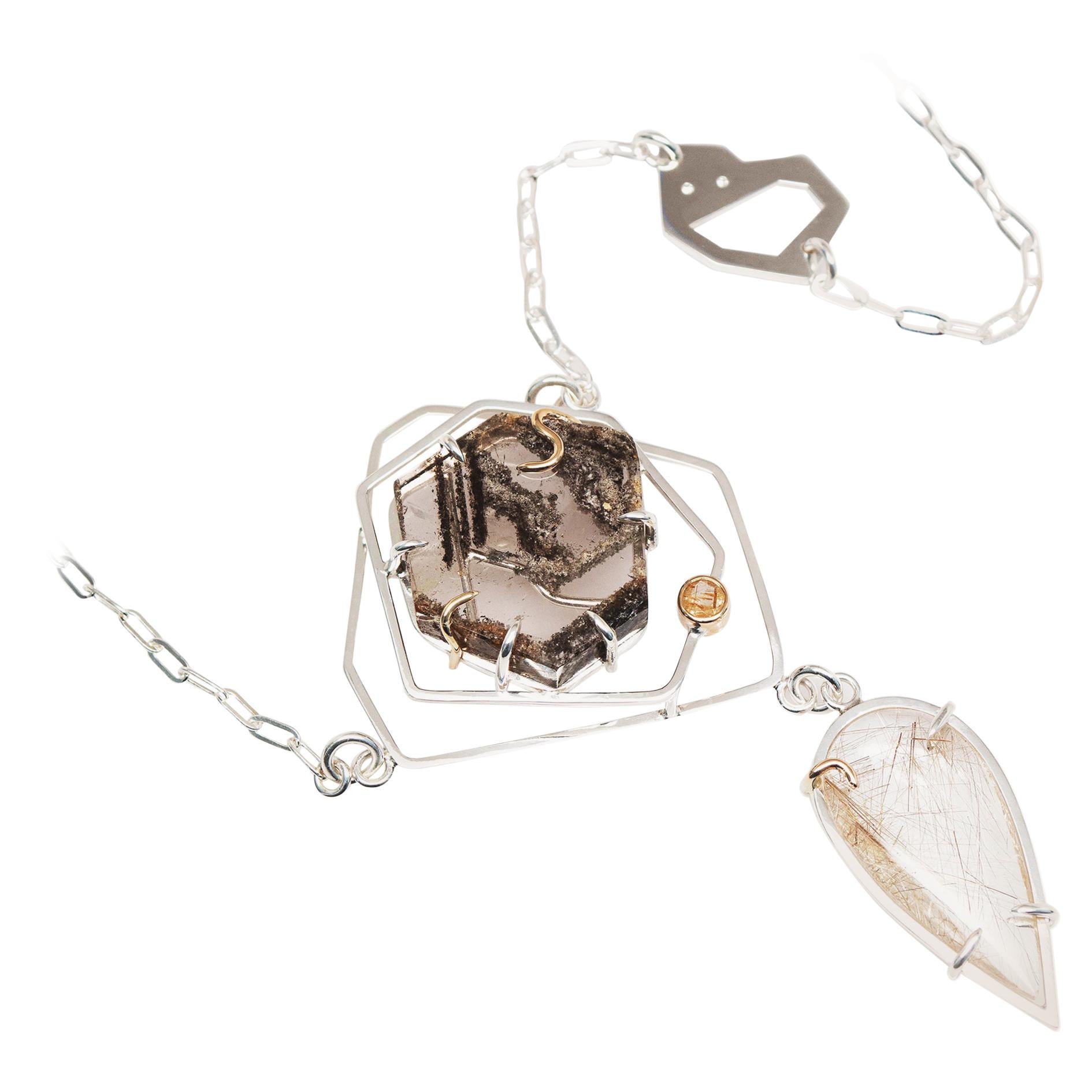 TIN HAUS Necklace in 14 Karat Yellow Gold and Sterling Silver with Quartz For Sale