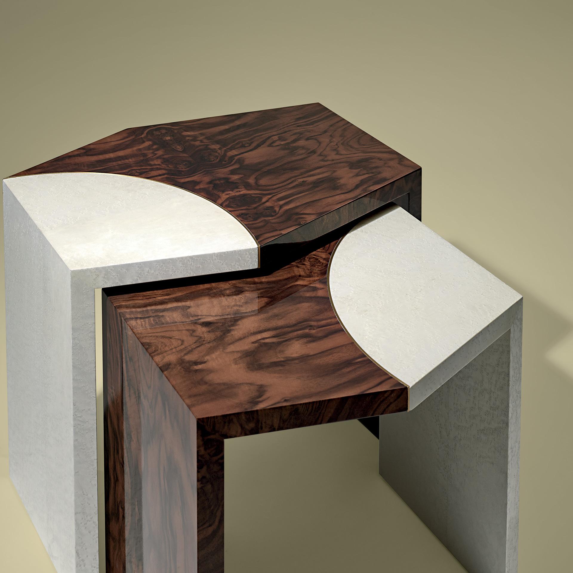 Table set in burr walnut and artic partridge eye. 

Also available in these dimensions: 18 x 20 x H 18 in.
 
Bespoke / Customizable
Identical shapes with different sizes and finishings.
All RAL colors available. (Mate / Half Gloss / Gloss)