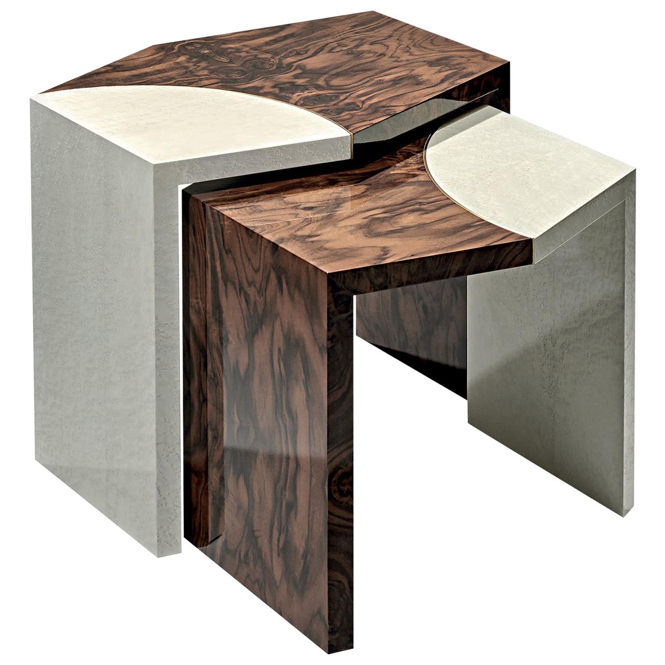 Fragments Contemporary and Customizable Table Set in Burr Walnut For Sale