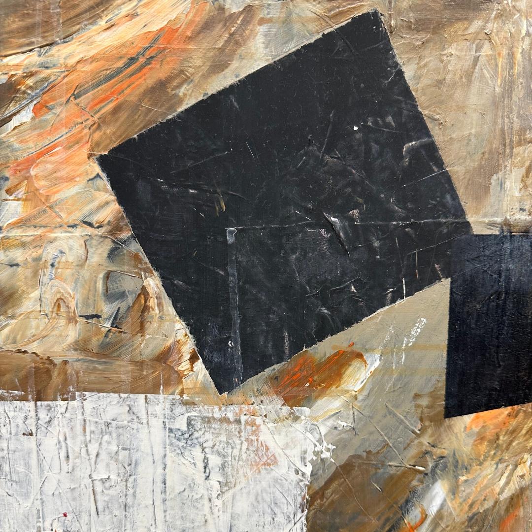 This expressive composition combines earthy tones of brown and beige with stark black and white geometric forms. The layered textures and dynamic brushstrokes create a sense of movement and depth, as if the elements are caught in flux. The