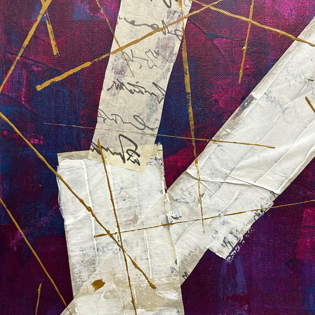 This abstract composition features white geometric fragments against a deep burgundy and blue background. Golden lines intersect the canvas, evoking a sense of fractured memories and hidden emotions, brought together in a dynamic harmony.

Treerat