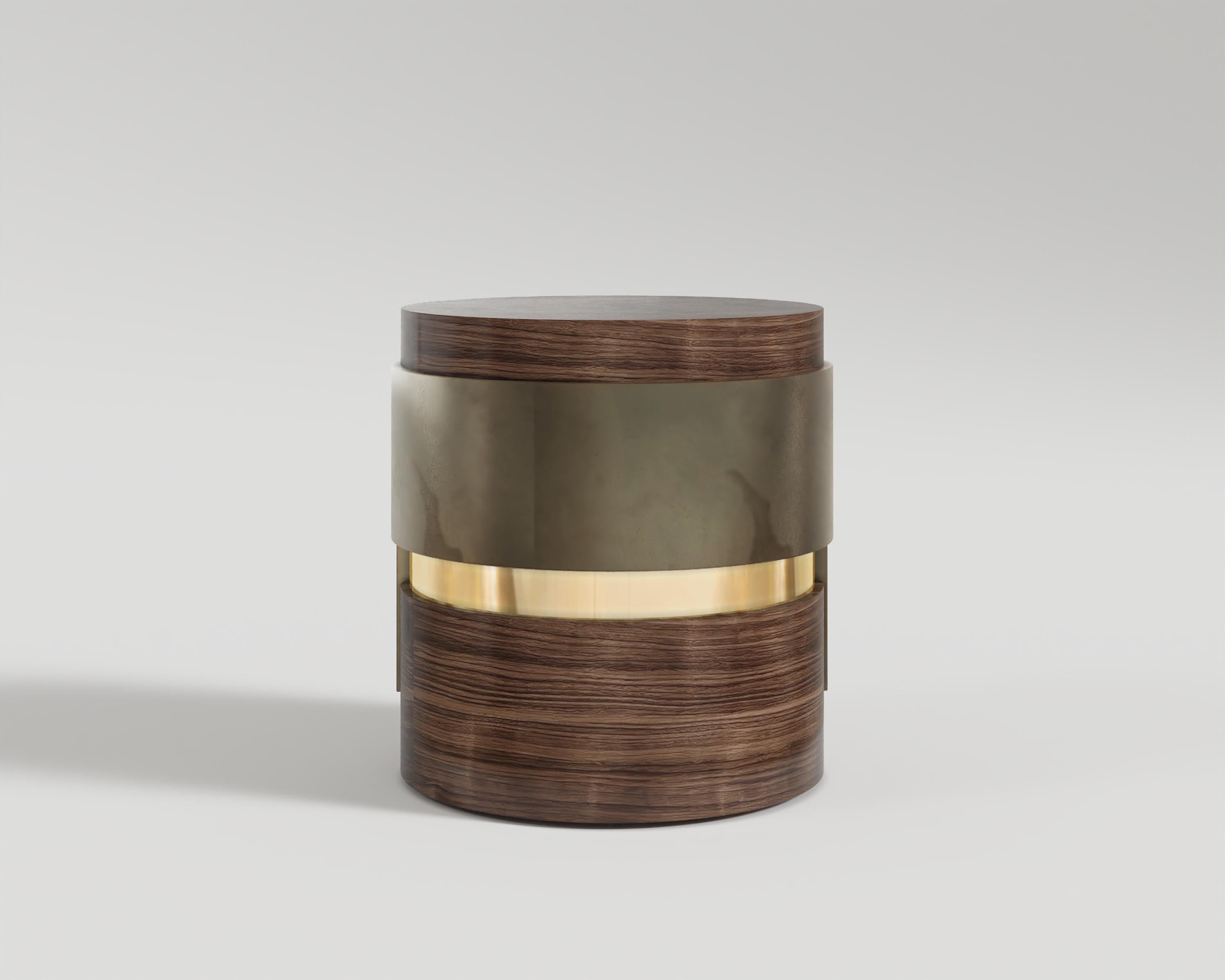 Brushed Fragmin Side Table, Polished Bronze and Walnut by Palena Furniture  For Sale