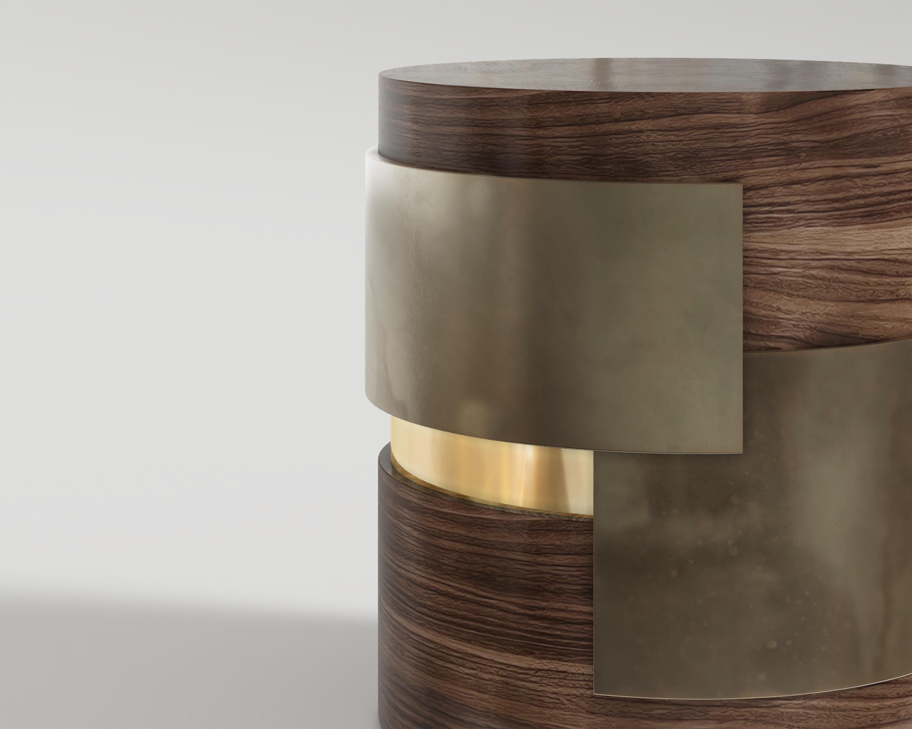 Contemporary Fragmin Side Table, Polished Bronze and Walnut  For Sale
