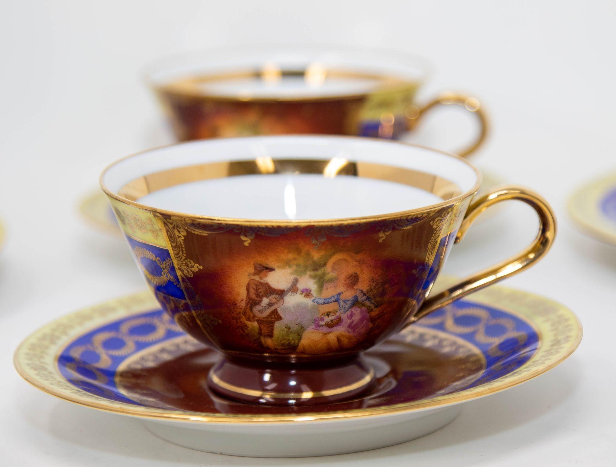 Fragonard Porcelain Hand Painted Matched Porcelain Cabinet Cup and Saucer Set For Sale 4