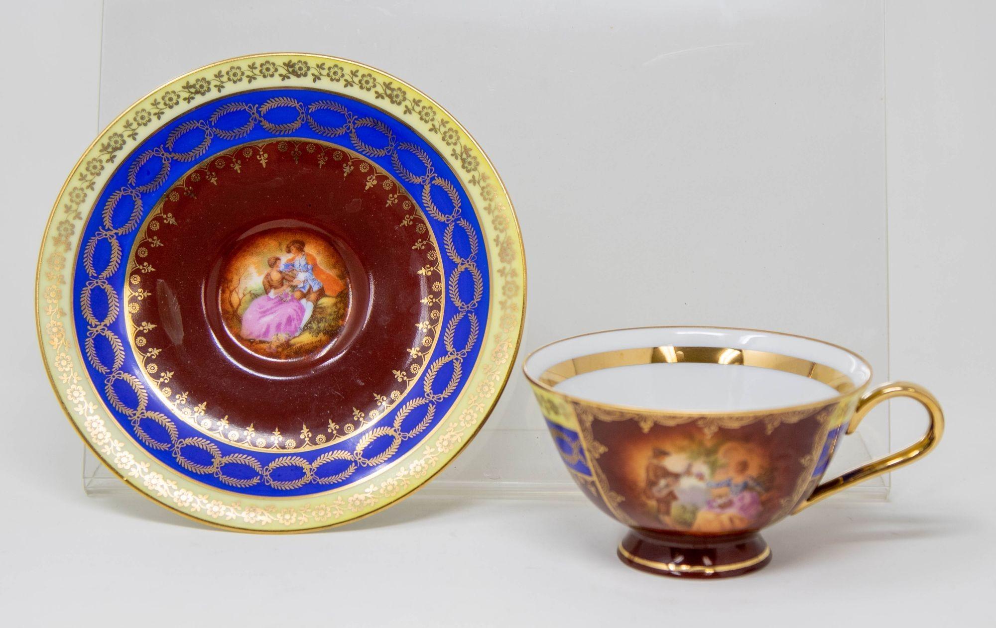 Fragonard Porcelain Hand Painted Matched Porcelain Cabinet Cup and Saucer Set For Sale 6