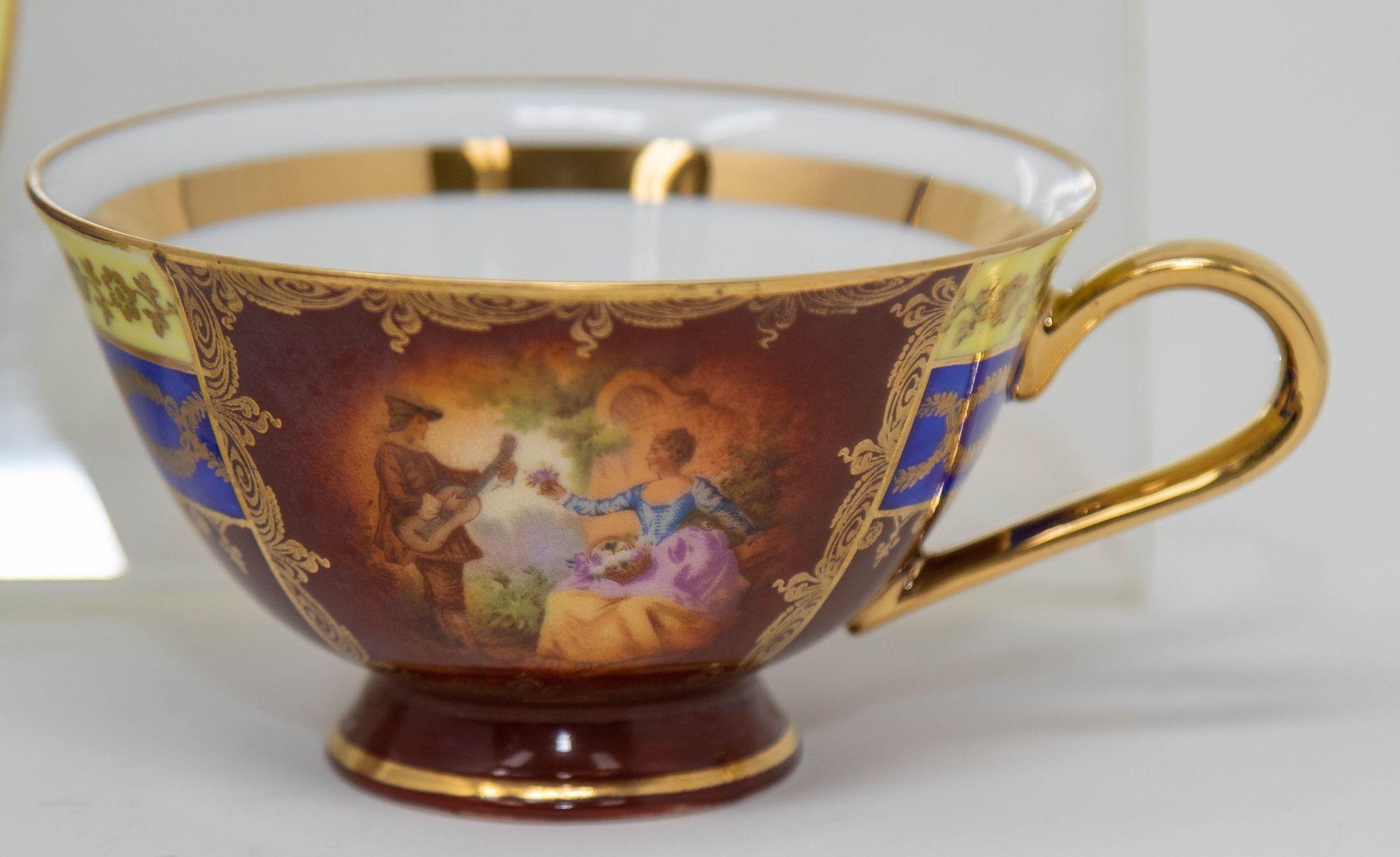 Fragonard Porcelain Hand Painted Matched Porcelain Cabinet Cup and Saucer Set For Sale 10