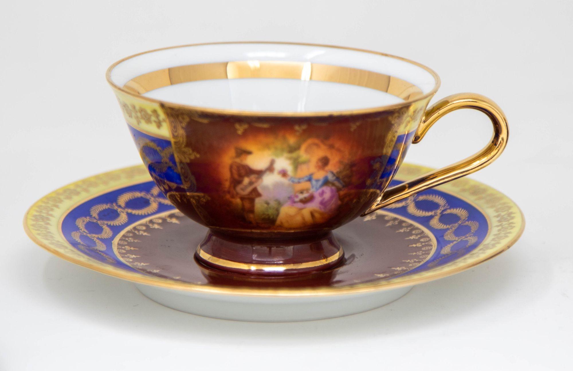 Fragonard Porcelain Hand Painted Matched Porcelain Cabinet Cup and Saucer Set For Sale 11