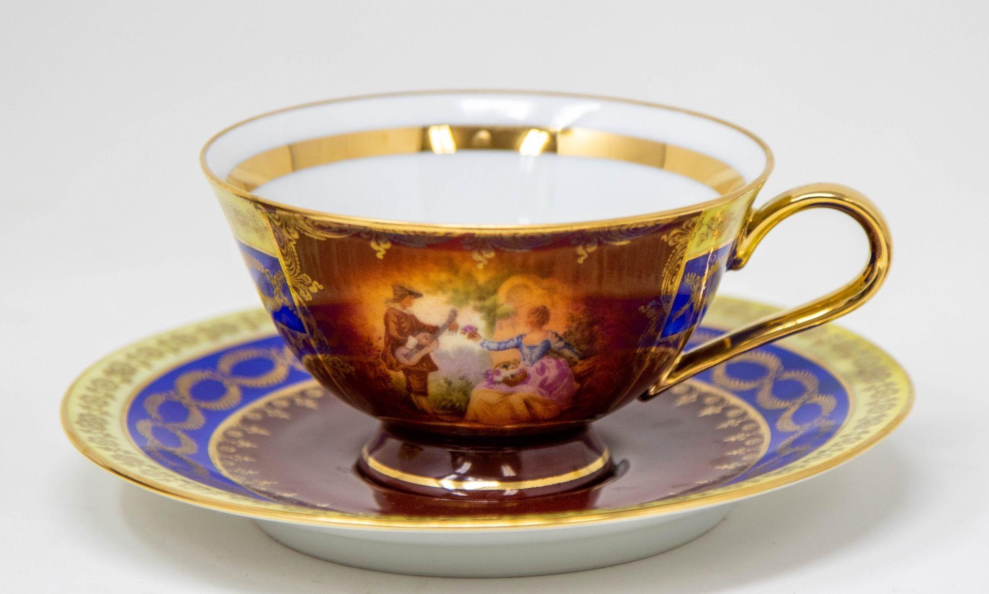 Fragonard Porcelain Hand Painted Matched Porcelain Cabinet Cup and Saucer Set For Sale 12