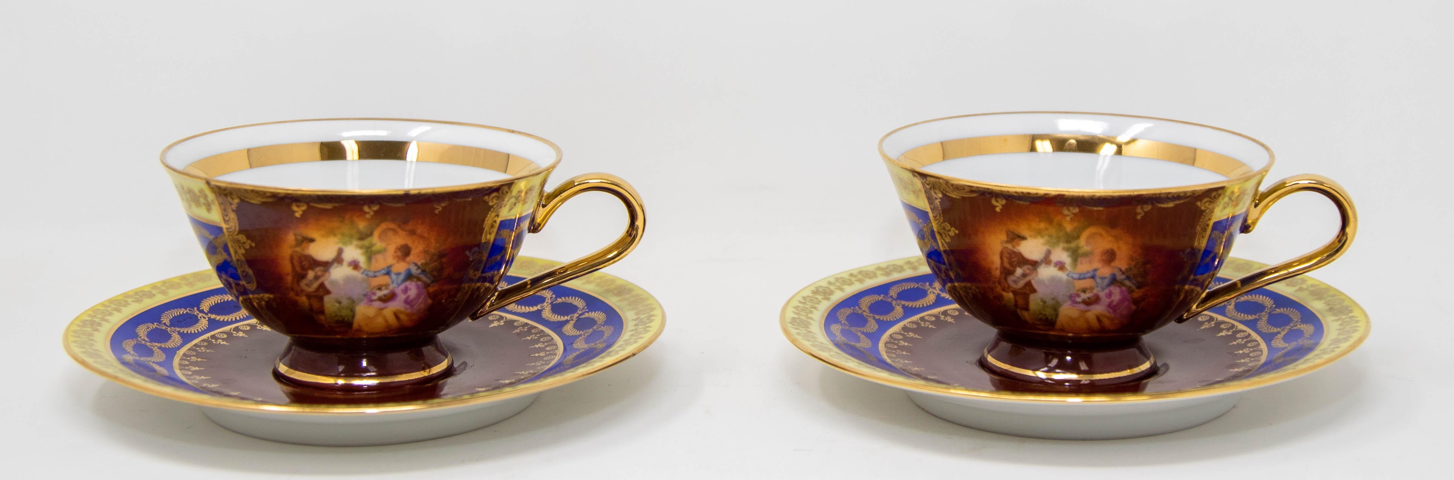 Louis XIV Fragonard Porcelain Hand Painted Matched Porcelain Cabinet Cup and Saucer Set For Sale