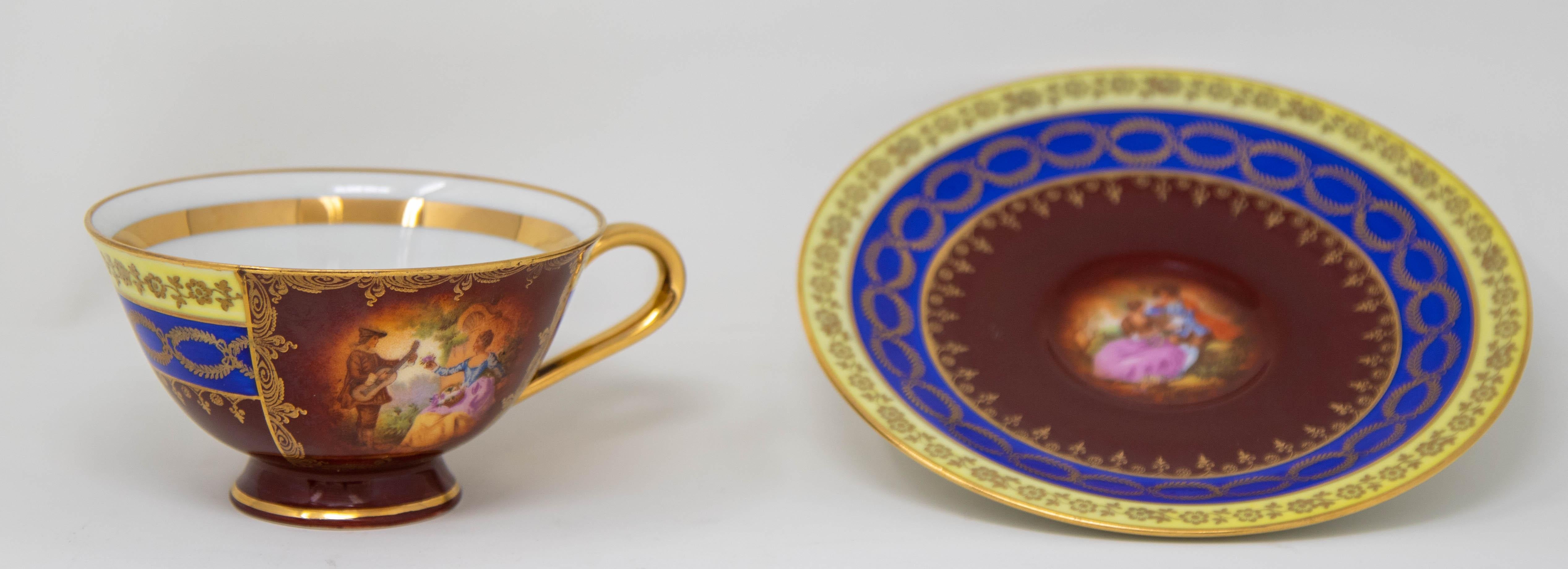 German Fragonard Porcelain Hand Painted Matched Porcelain Cabinet Cup and Saucer Set For Sale