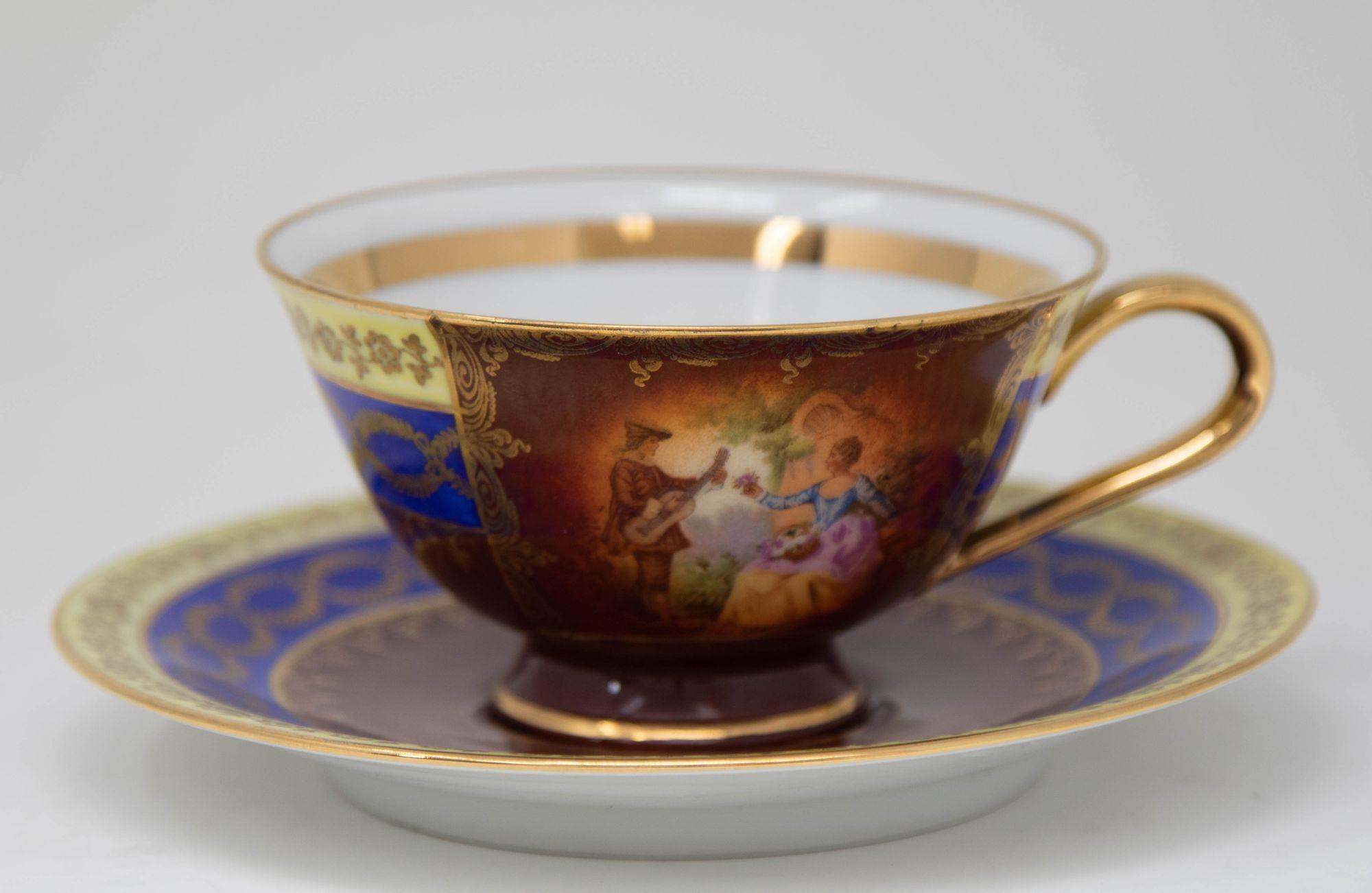 Hand-Painted Fragonard Porcelain Hand Painted Matched Porcelain Cabinet Cup and Saucer Set For Sale