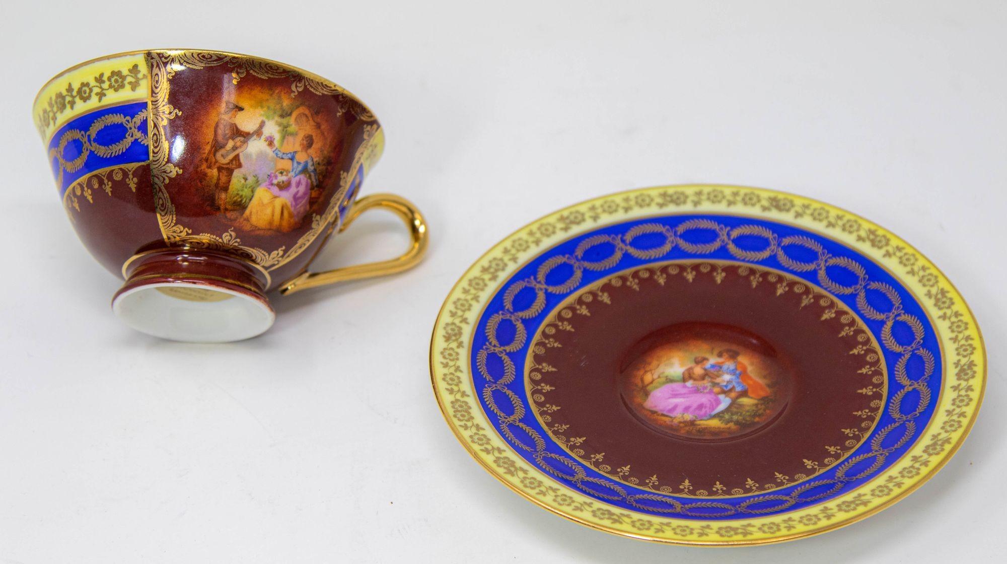 Fragonard Porcelain Hand Painted Matched Porcelain Cabinet Cup and Saucer Set In Fair Condition For Sale In North Hollywood, CA