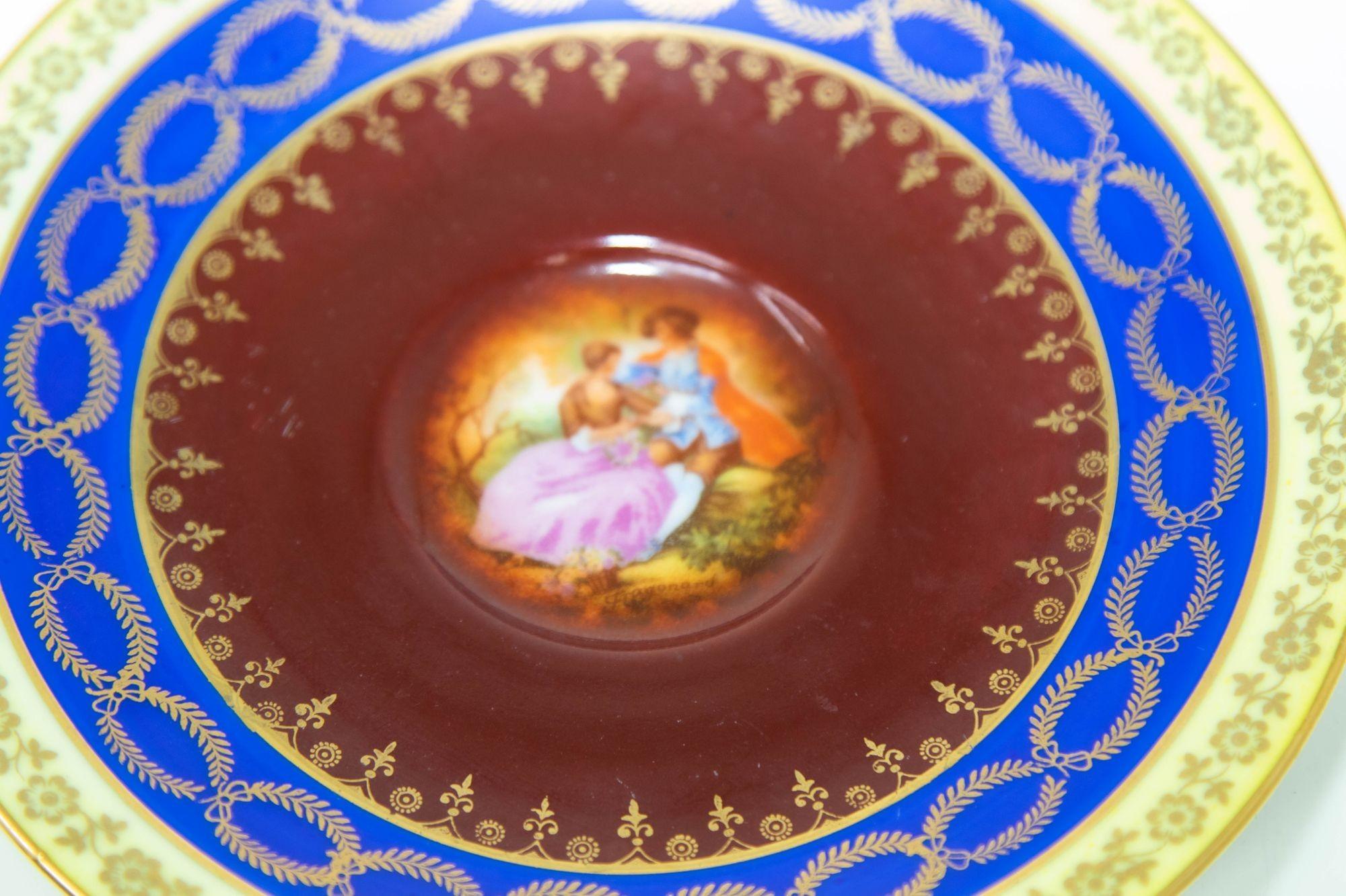 20th Century Fragonard Porcelain Hand Painted Matched Porcelain Cabinet Cup and Saucer Set For Sale