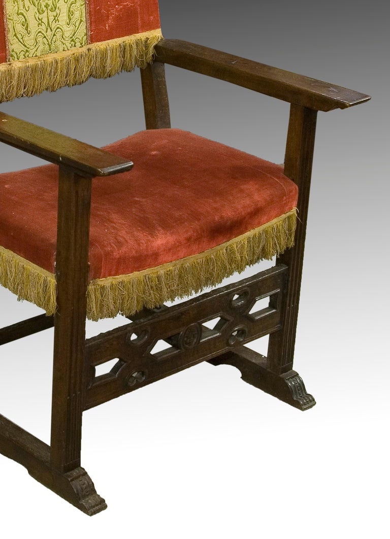 Spanish Frailero Armchair, Walnut Wood, Textile, Spain, 17th Century For Sale