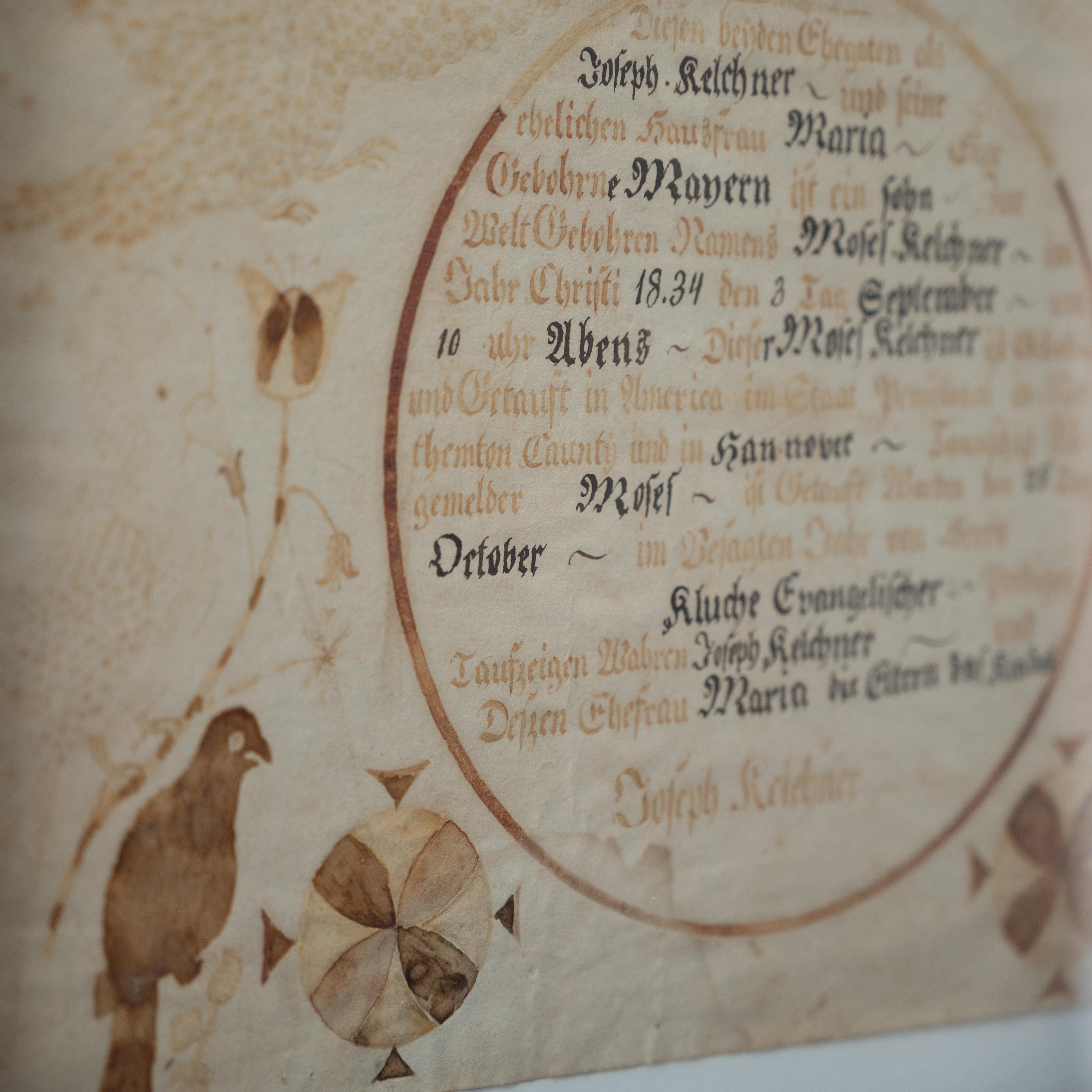 Fraktur-Geburts- und Taufschein Moses Kelchner, Northampton Co., 1834 im Angebot 4