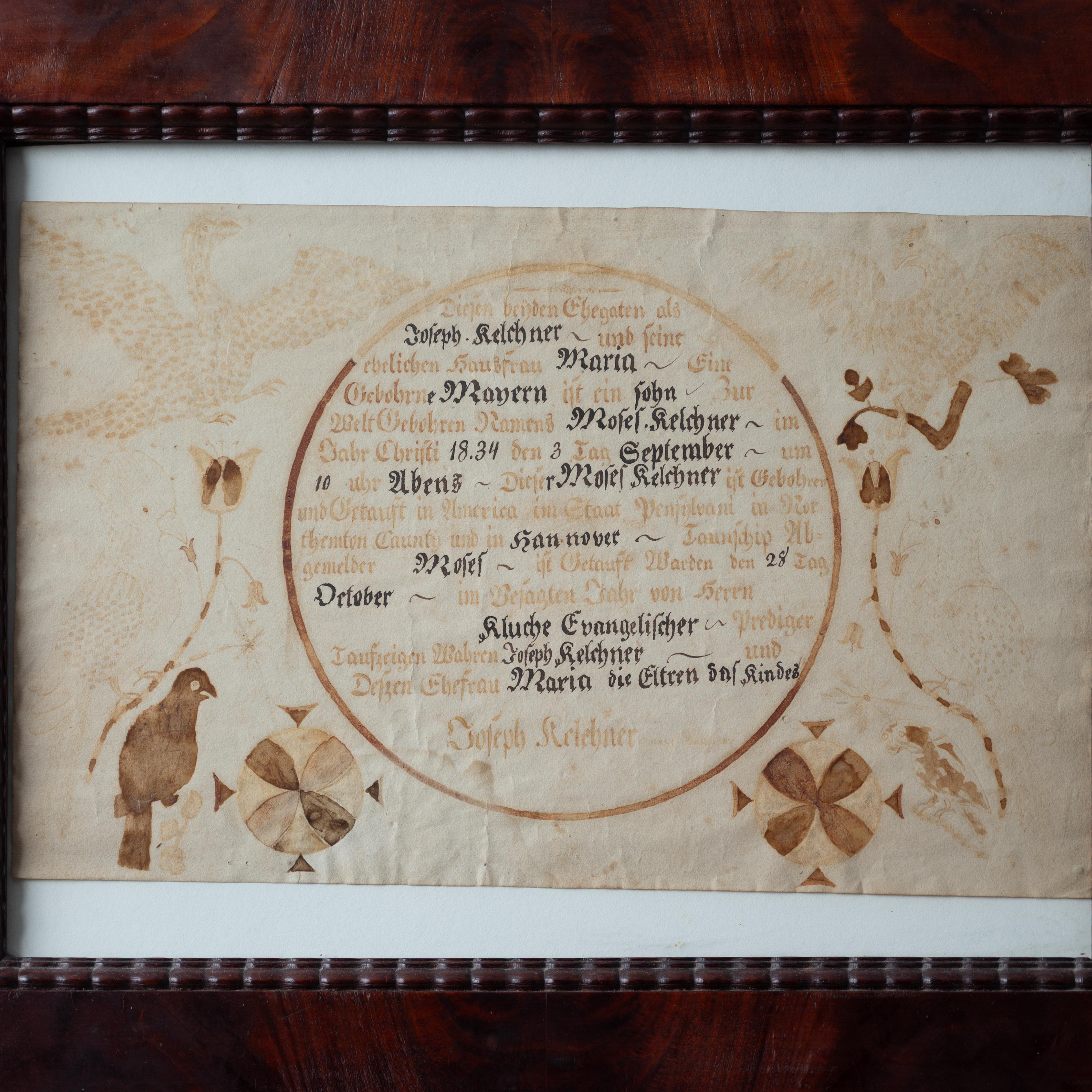Fraktur-Geburts- und Taufschein Moses Kelchner, Northampton Co., 1834 im Zustand „Gut“ im Angebot in Savannah, GA