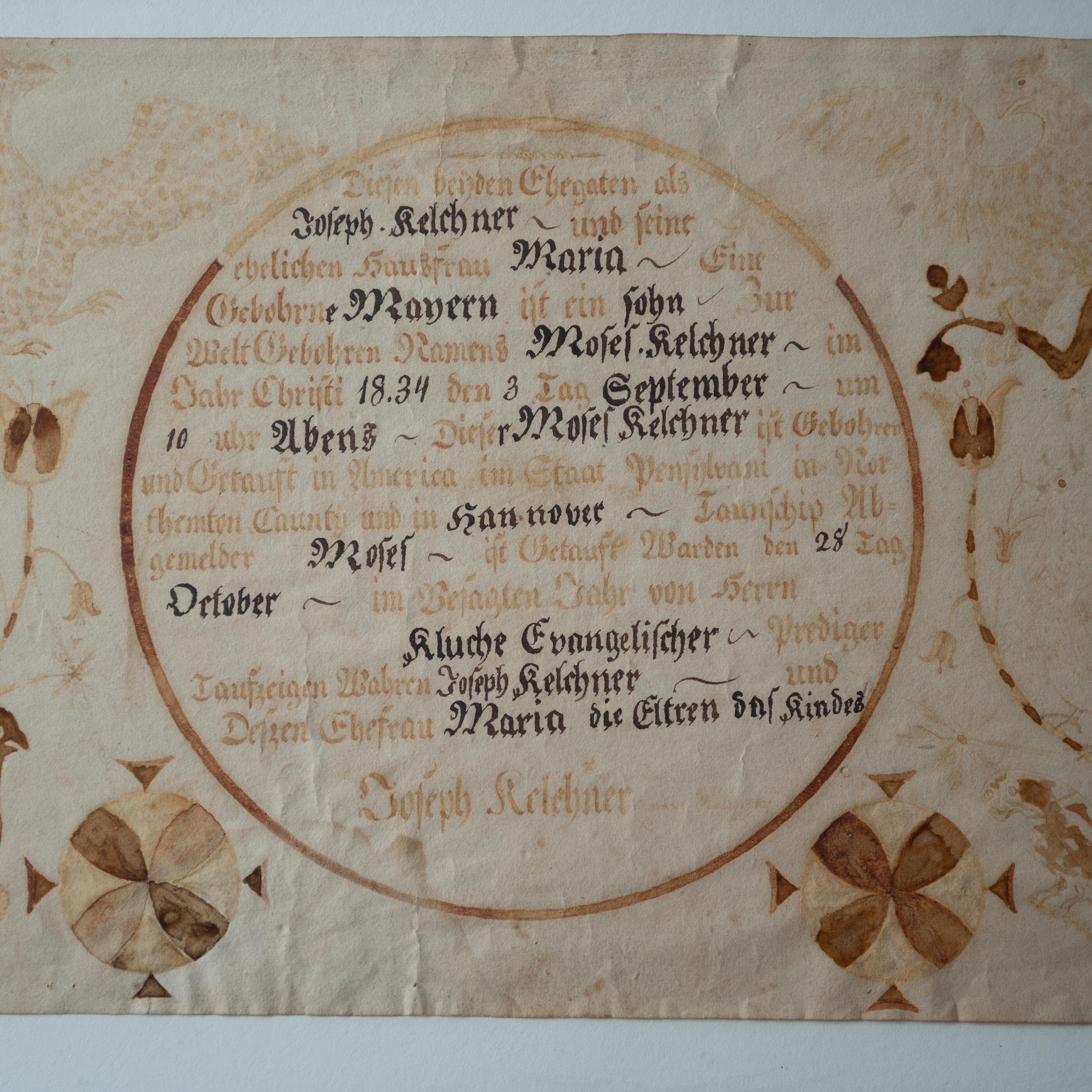 Fraktur-Geburts- und Taufschein Moses Kelchner, Northampton Co., 1834 (Mittleres 19. Jahrhundert) im Angebot