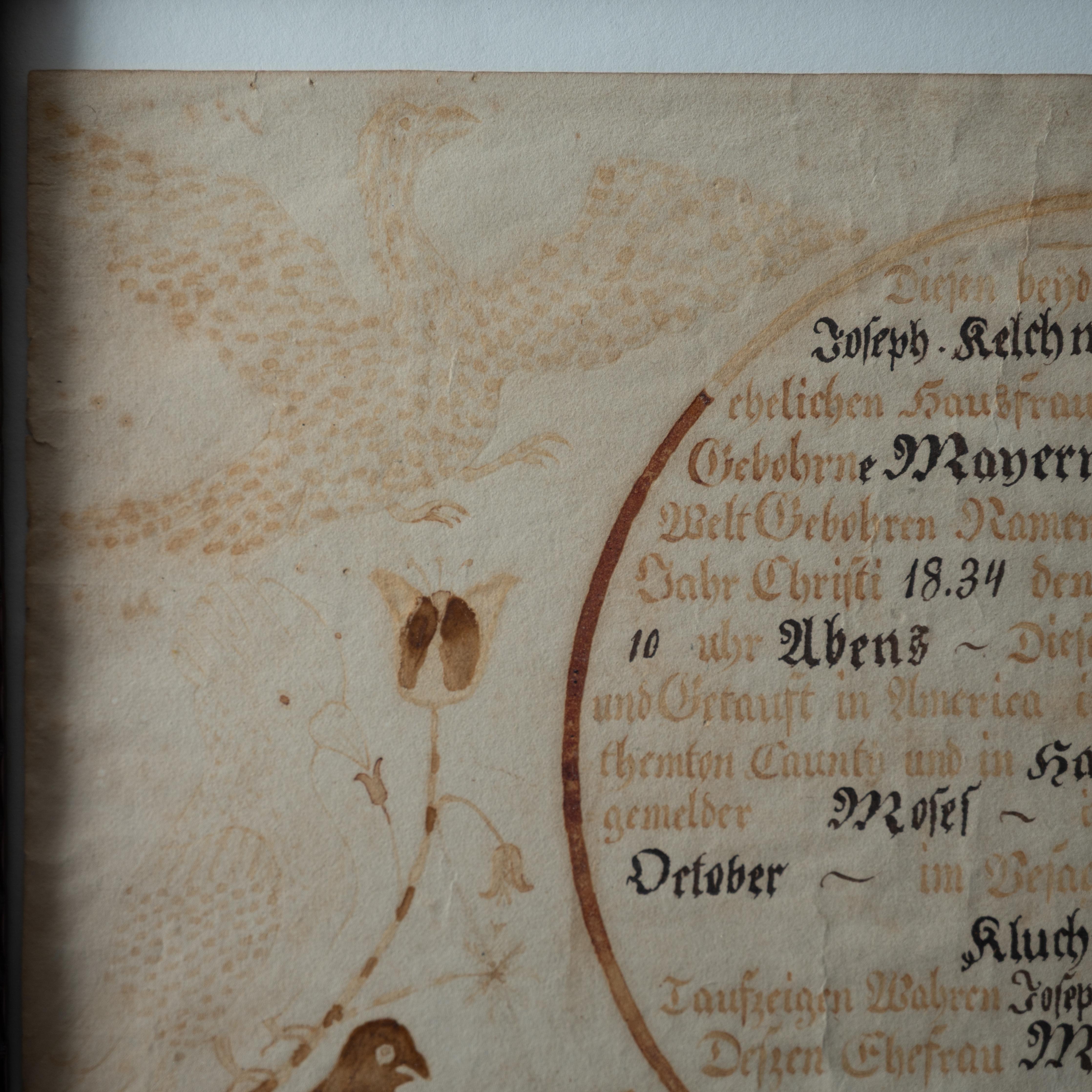 Fraktur-Geburts- und Taufschein Moses Kelchner, Northampton Co., 1834 (Glas) im Angebot